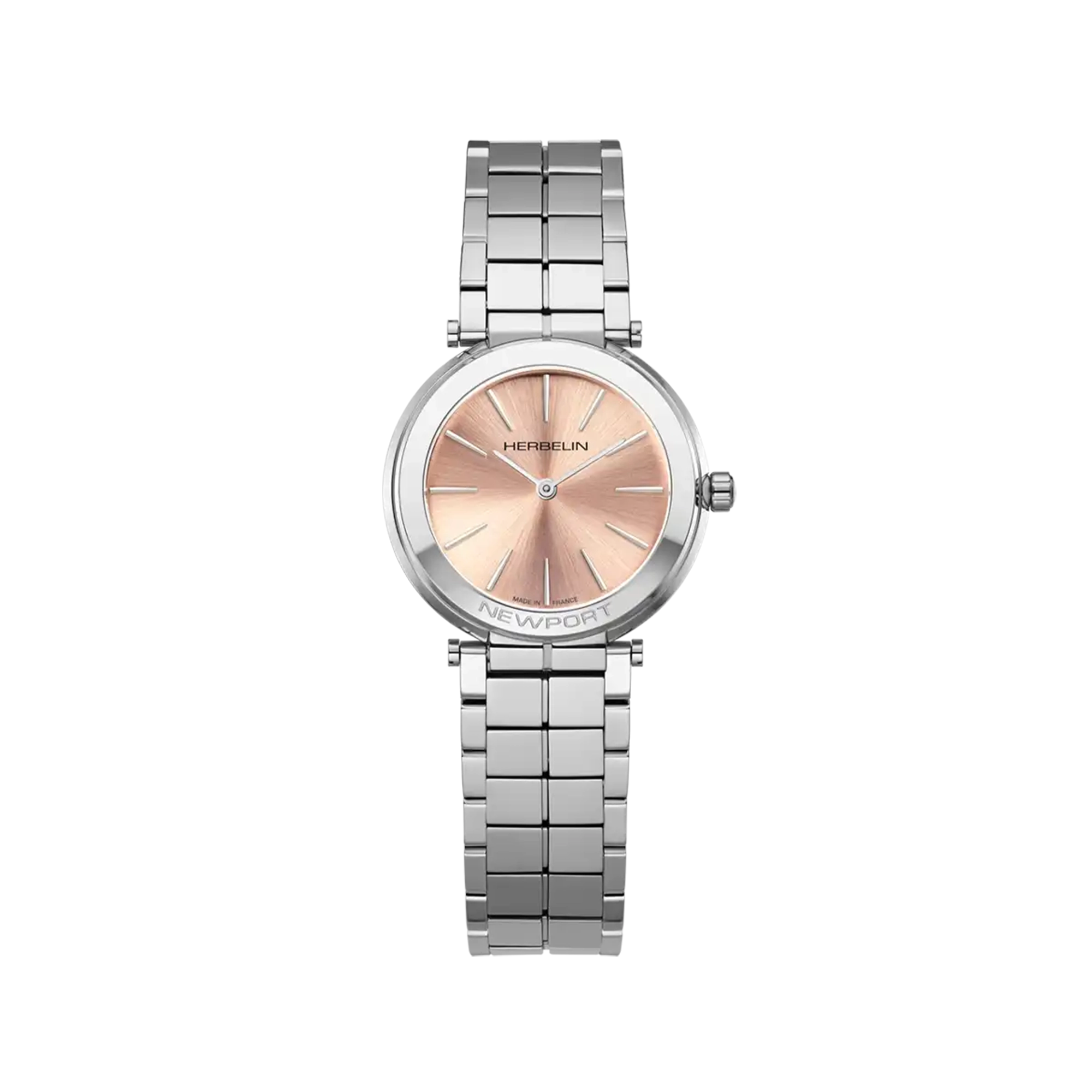 Newport, cadran champagne rosé, boîtier acier rond, bracelet acier