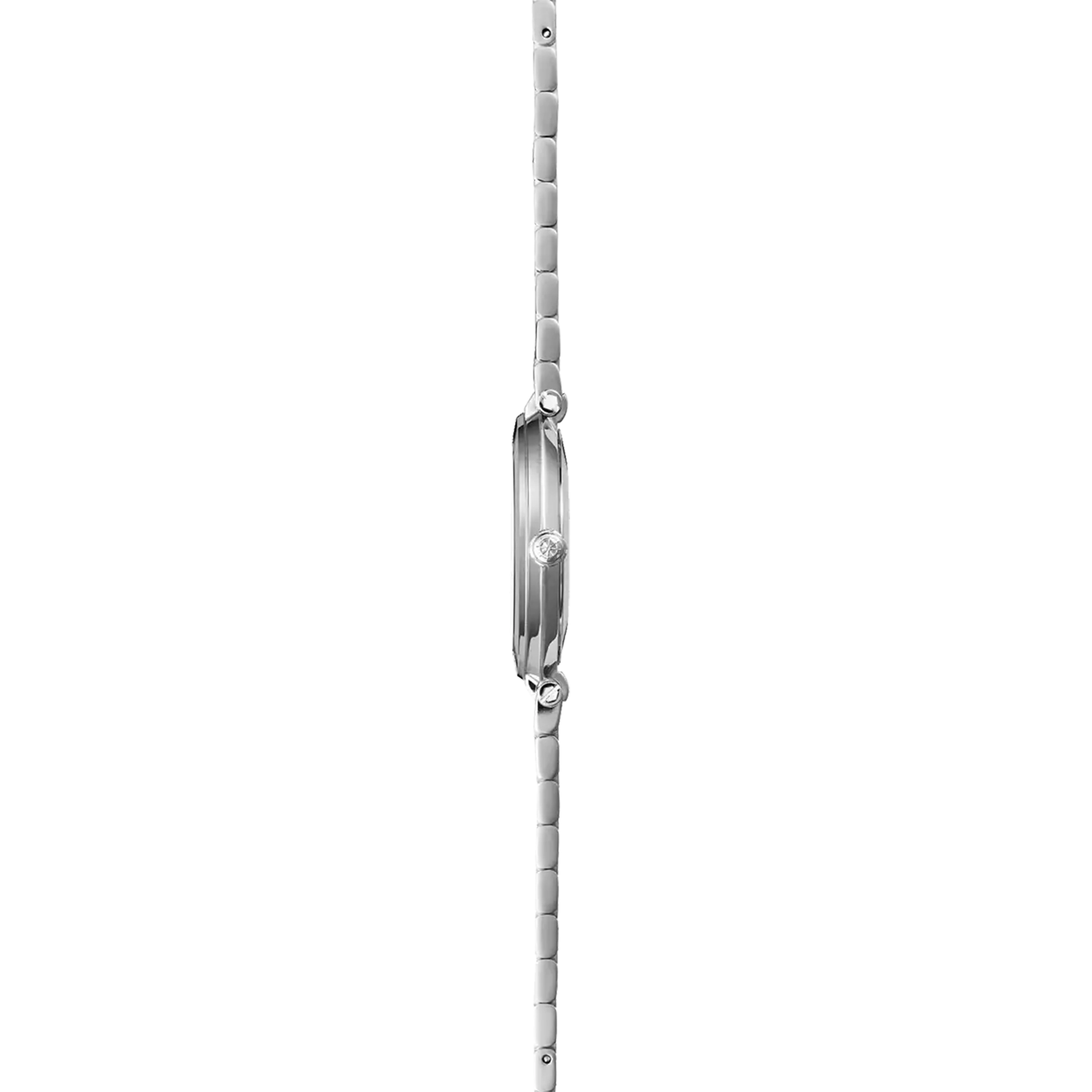 Vue de profil, tranche acier, couronne et attaches du bracelet acier