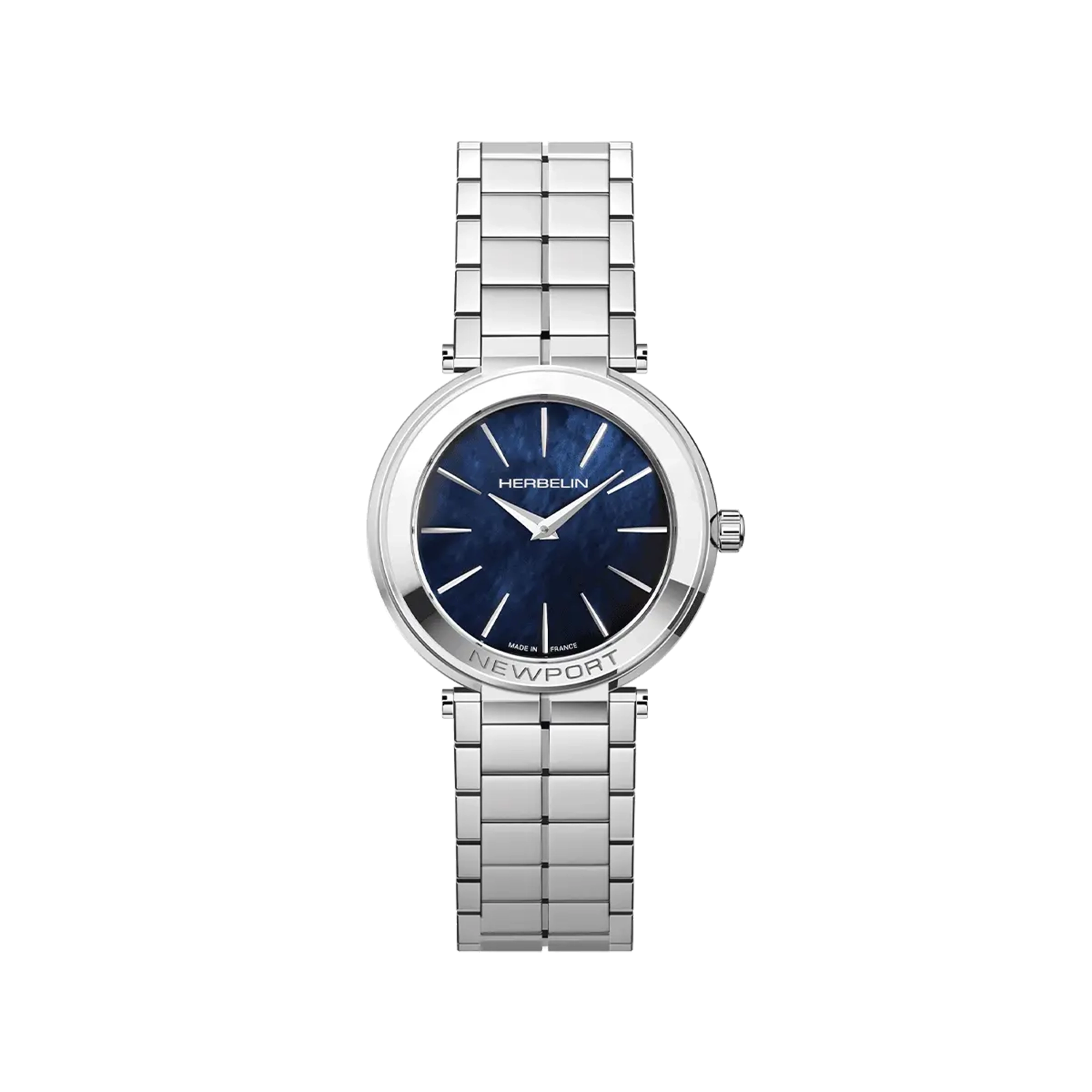 Newport, cadran nacre bleue, boîtier acier rond, bracelet acier