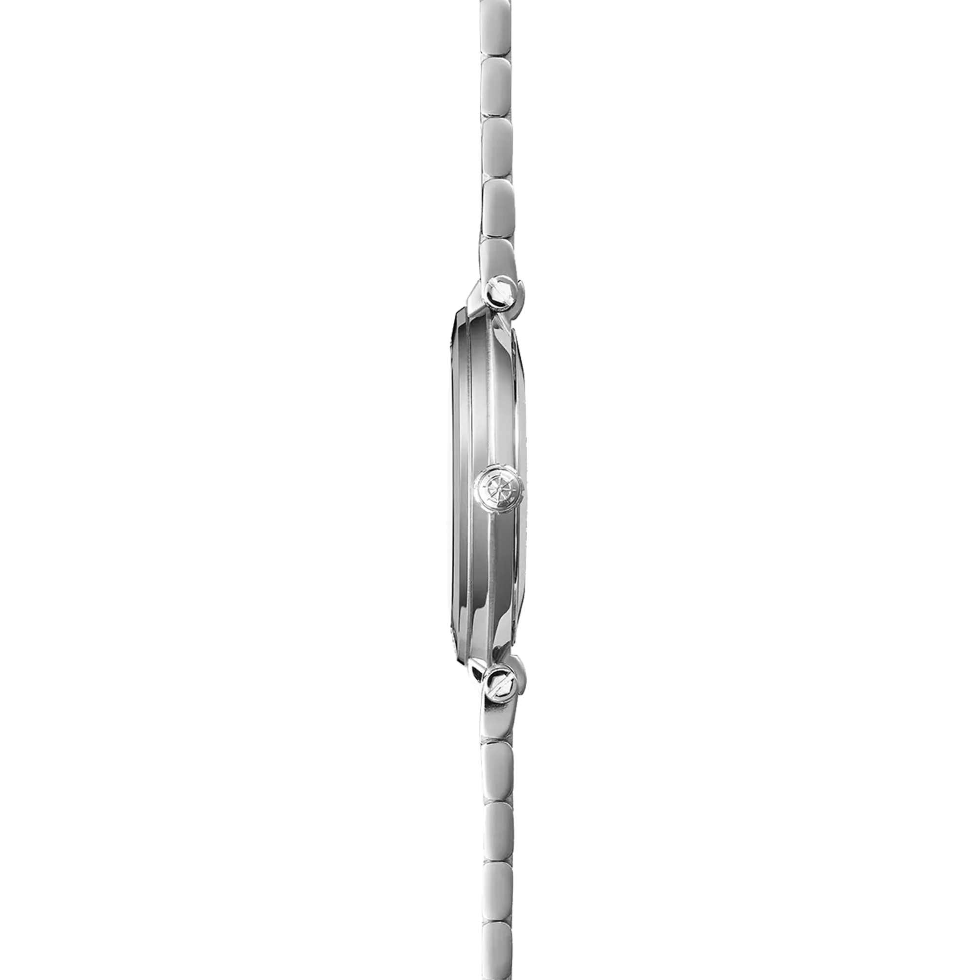 Vue de profil, tranche acier, couronne et attaches du bracelet acier
