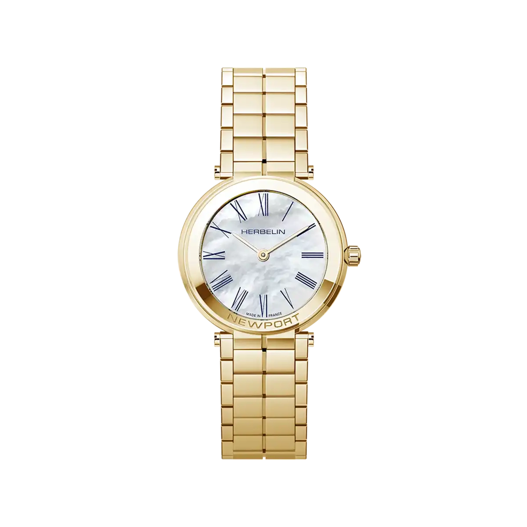 Newport, cadran nacre blanche, boîtier acier PVD or jaune rond, bracelet acier bicolore