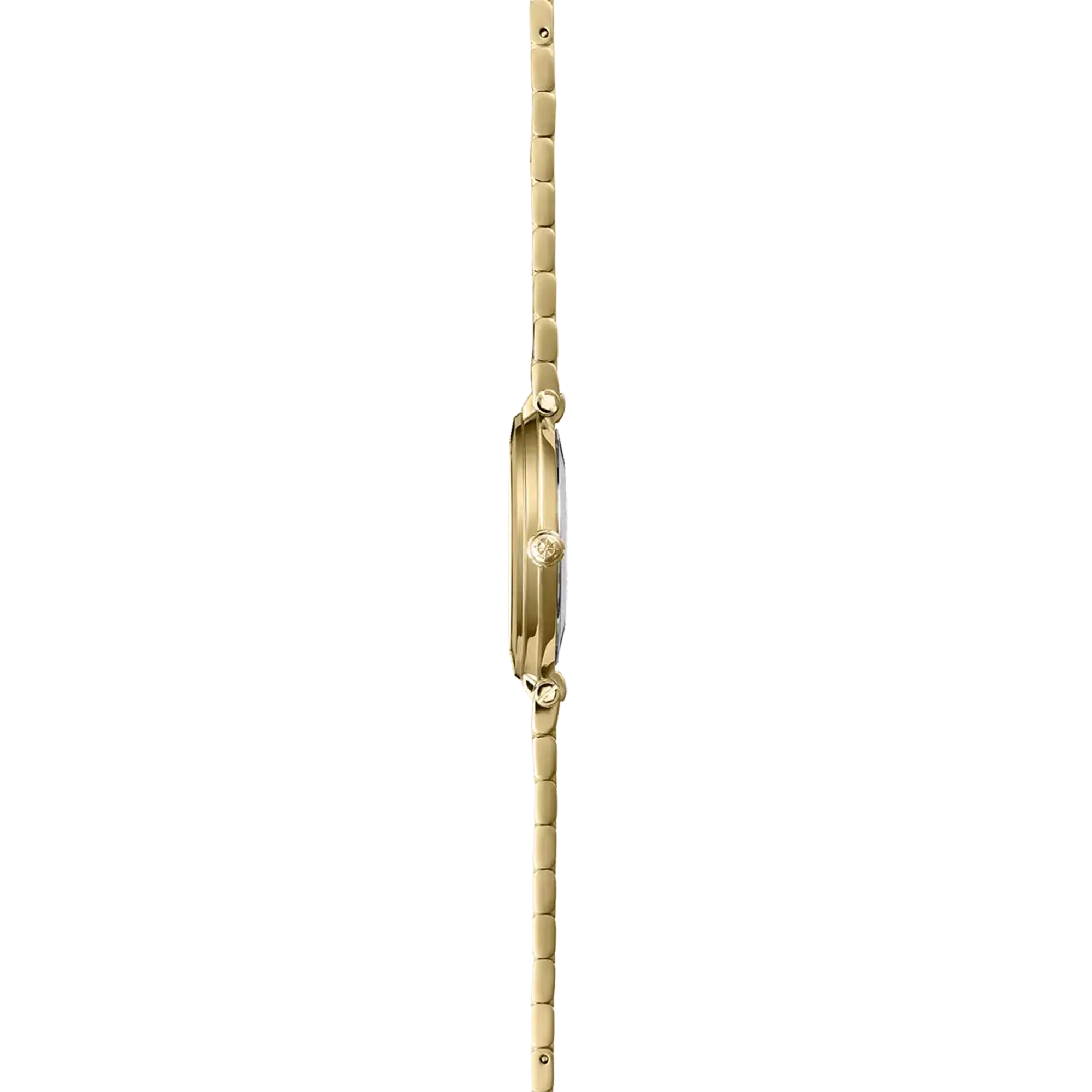 Vue de profil, tranche acier PVD or jaune, couronne et attaches du bracelet acier bicolore