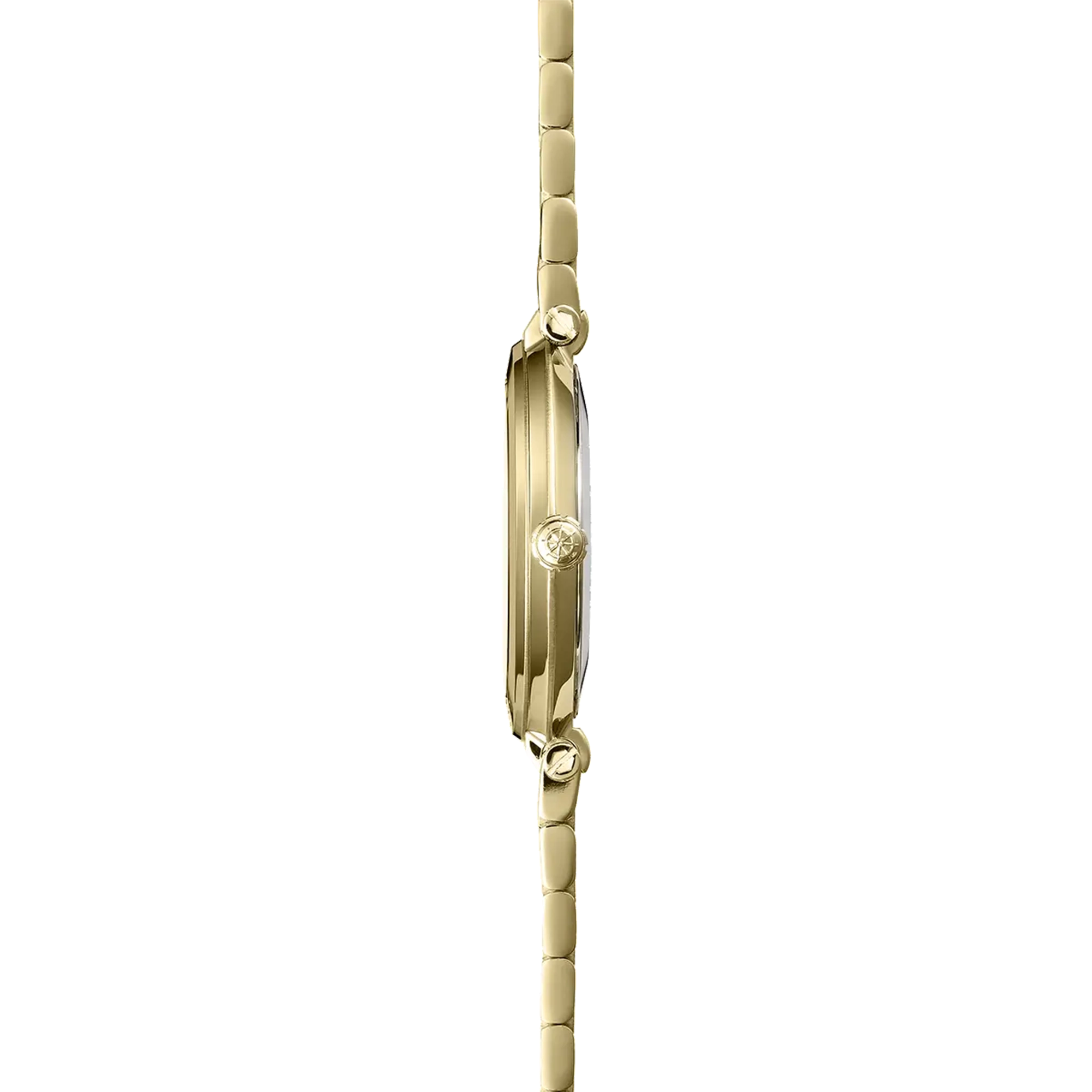 Vue de profil, tranche acier PVD or jaune, couronne et attaches du bracelet acier bicolore