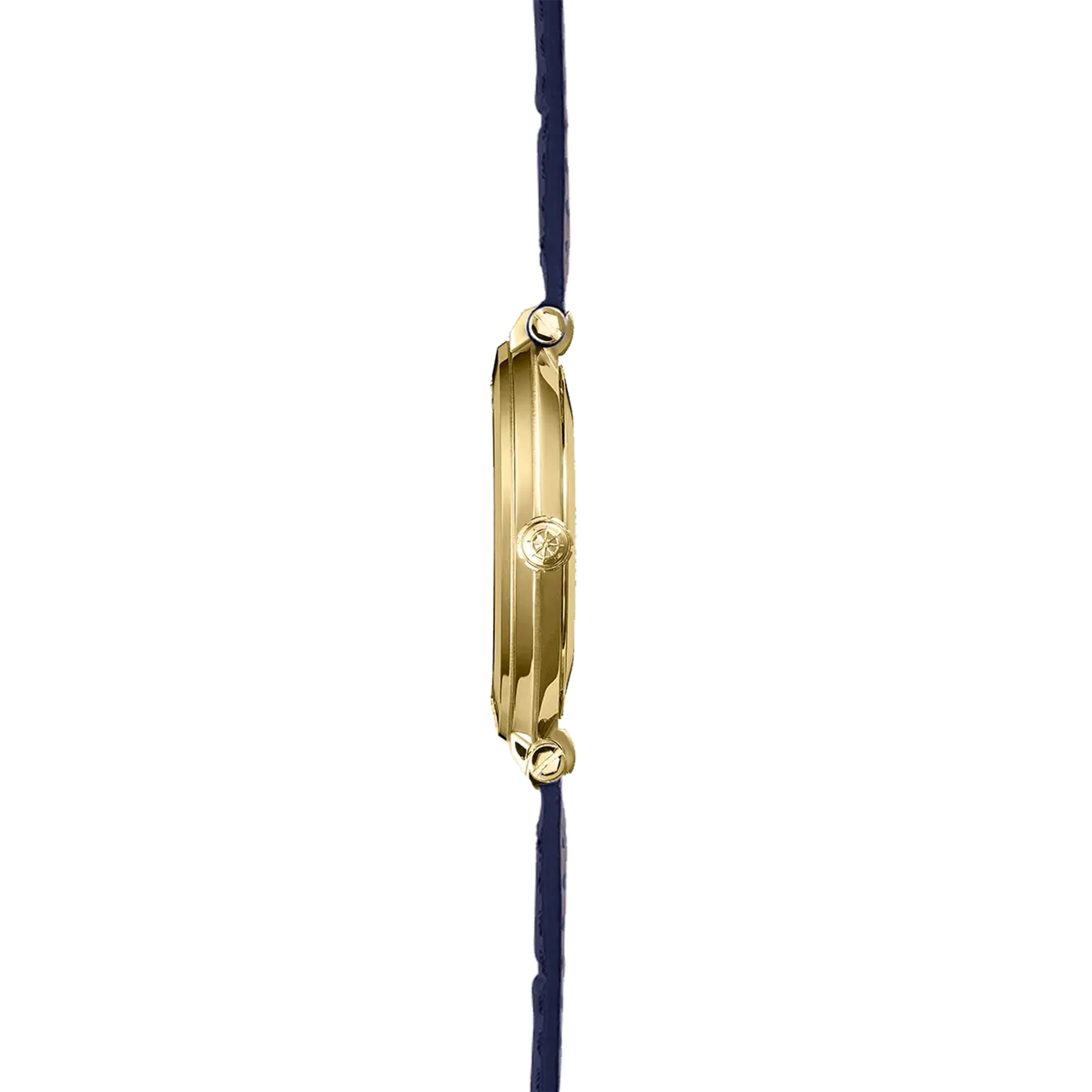 Vue de profil, tranche acier PVD or jaune, couronne et attaches du bracelet cuir