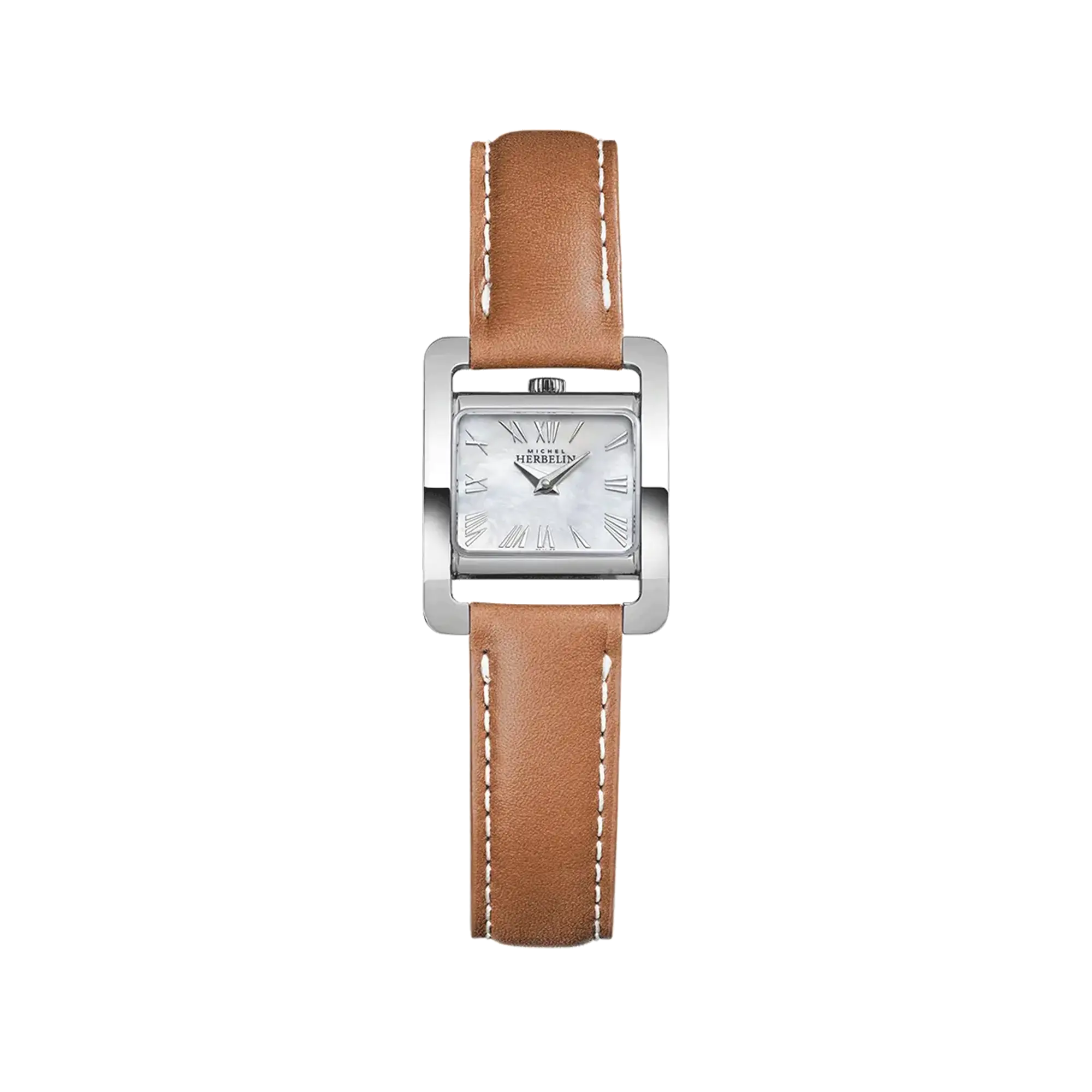 Ve Avenue, cadran nacre blanche, boîtier rectangle acier, bracelet cuir