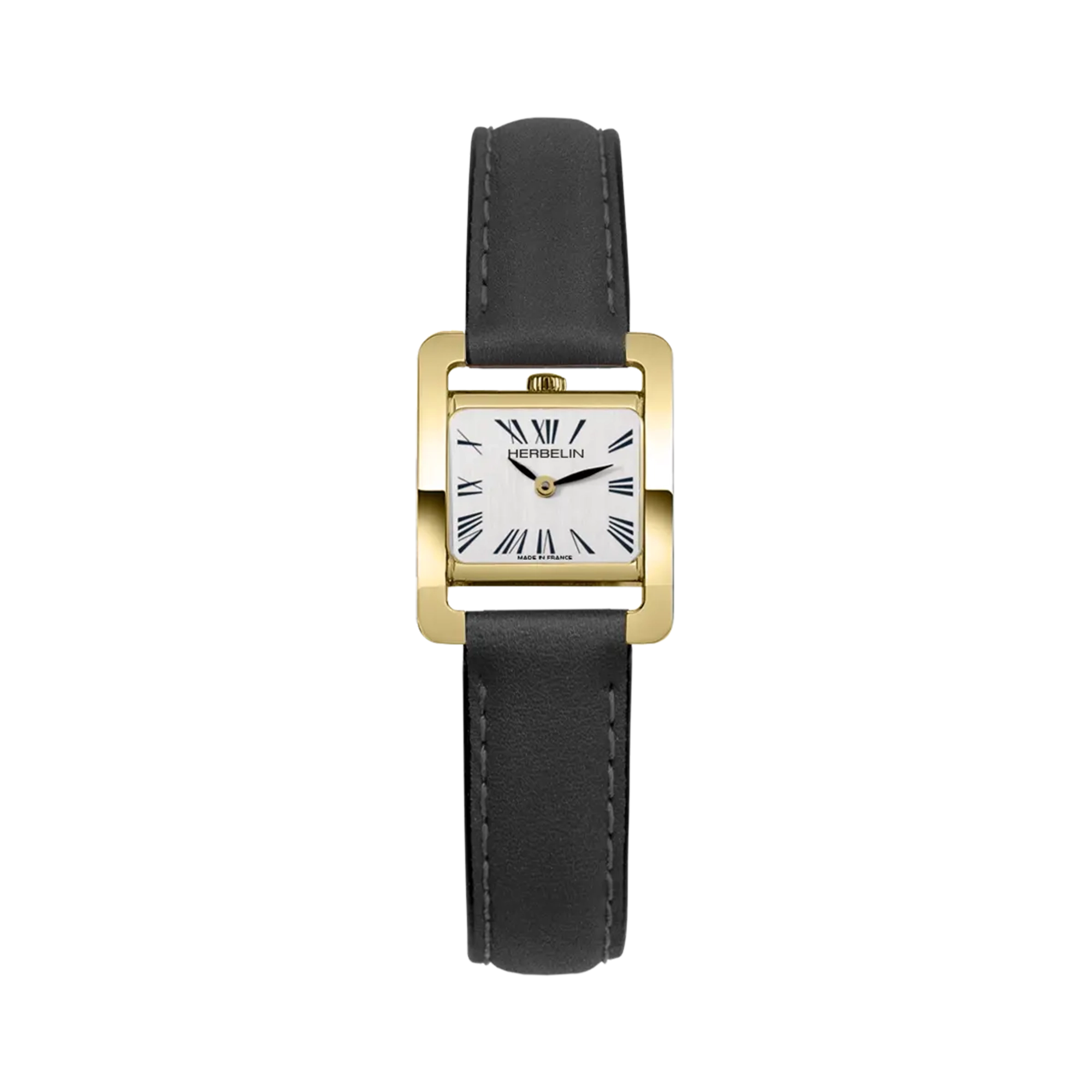 Ve Avenue, cadran argent brossé vertical, boîtier rectangle acier PVD or jaune, bracelet cuir