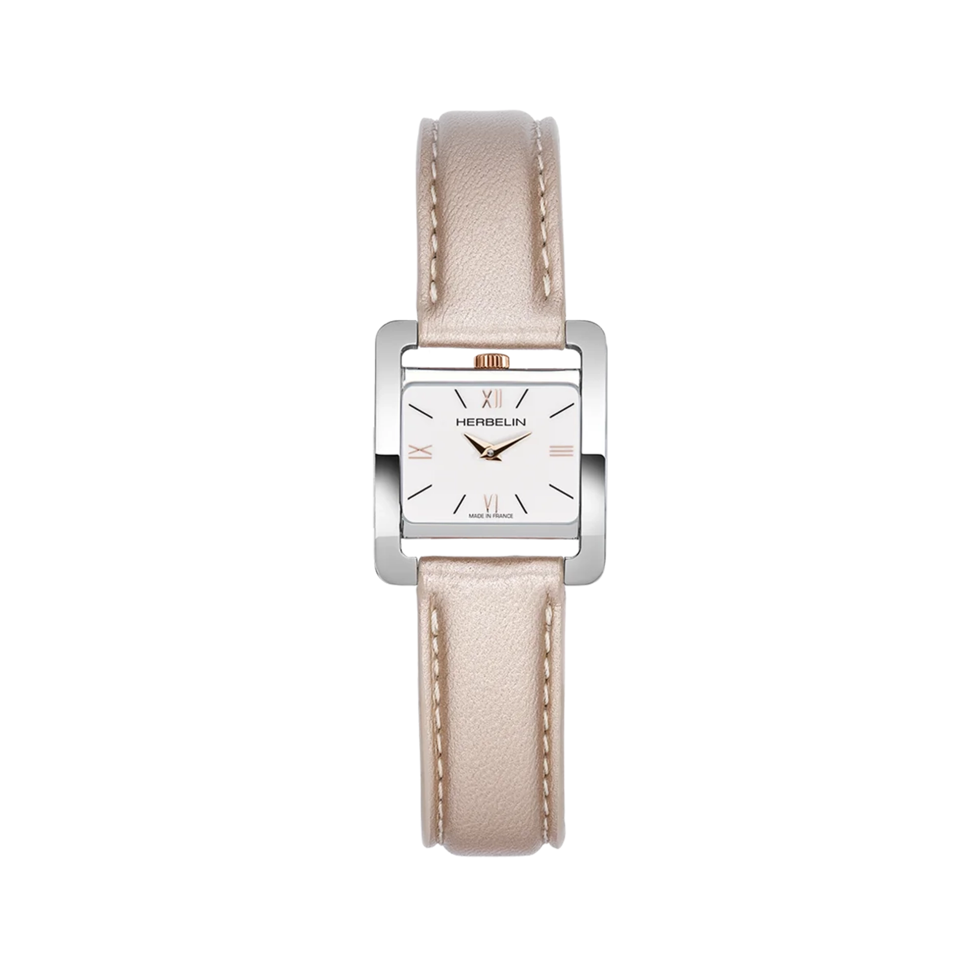 Ve Avenue, cadran blanc laqué, boîtier rectangle acier PVD or rose, bracelet cuir