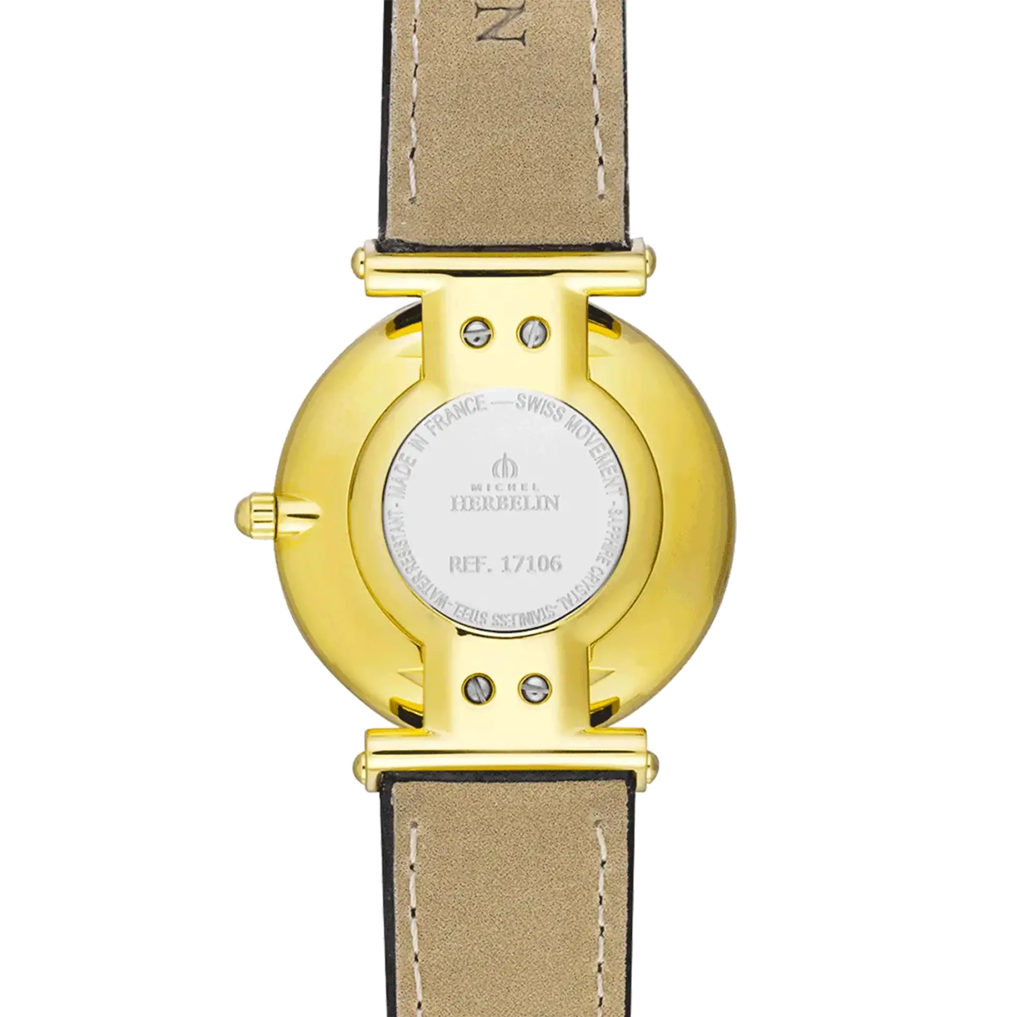 Dos de la Epsilon, fond acier PVD or jaune avec gravure du modèle