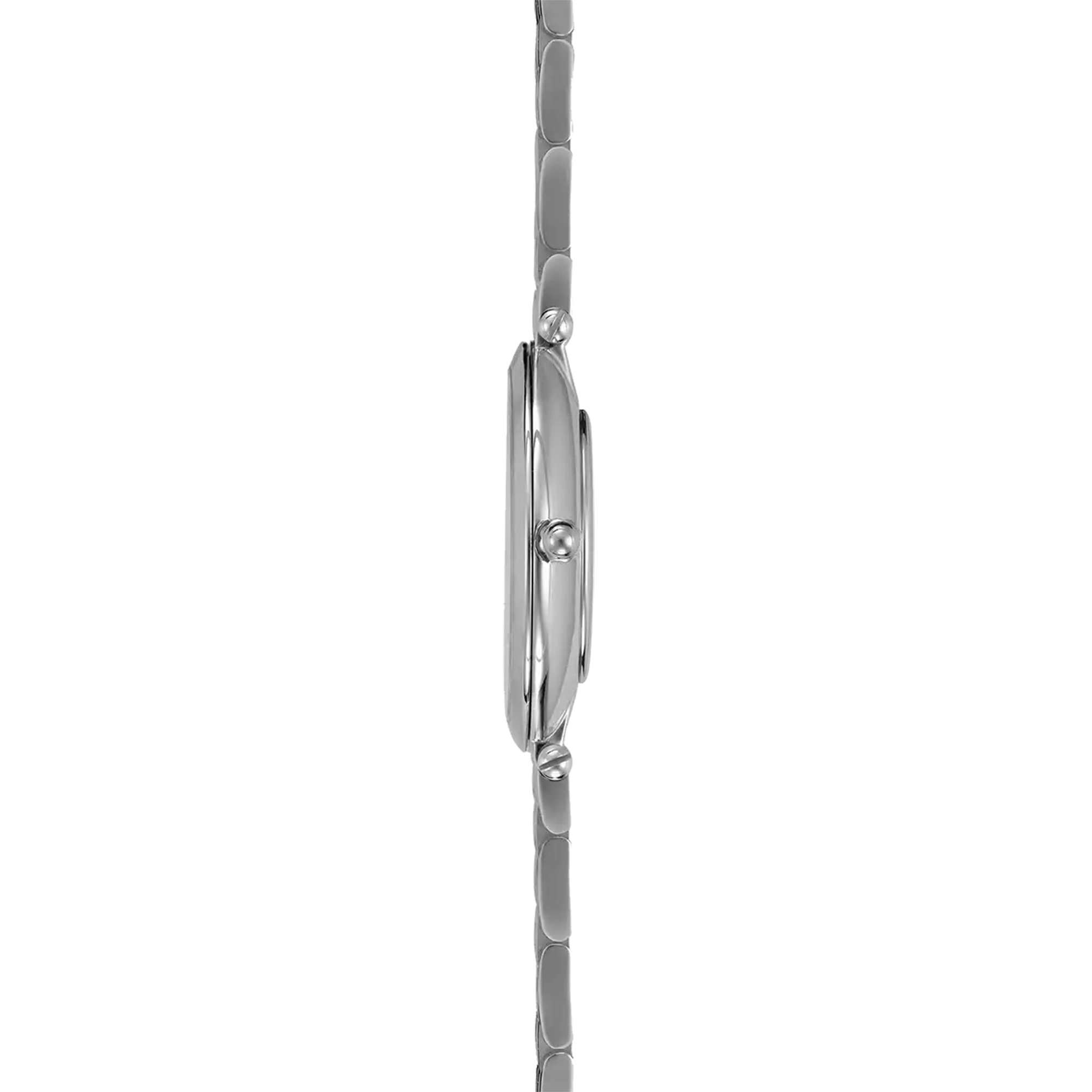Vue de profil, tranche acier, couronne et attaches du bracelet acier