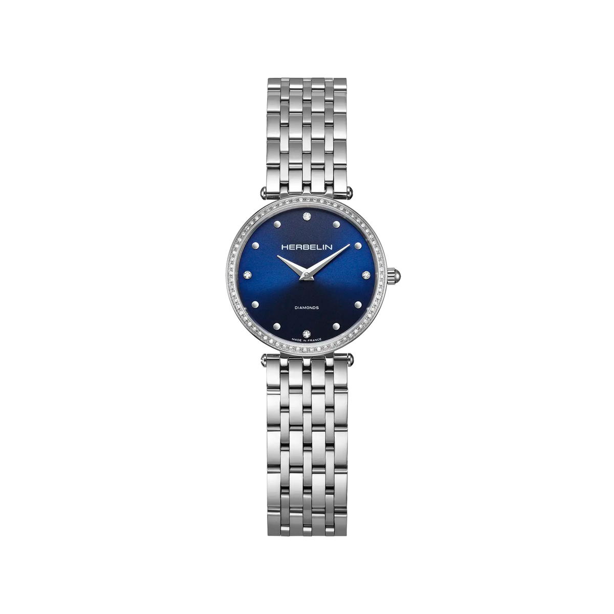 Epsilon, cadran bleu, boîtier acier rond, bracelet acier