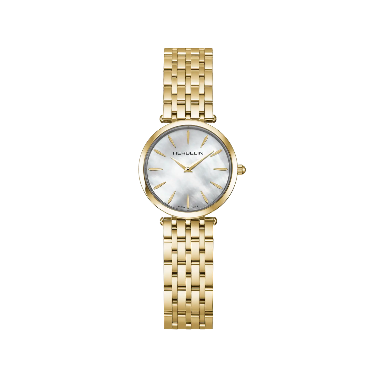 Epsilon, quadrante in madreperla bianca, cassa in acciaio PVD oro giallo rotonda, bracciale in acciaio PVD oro giallo
