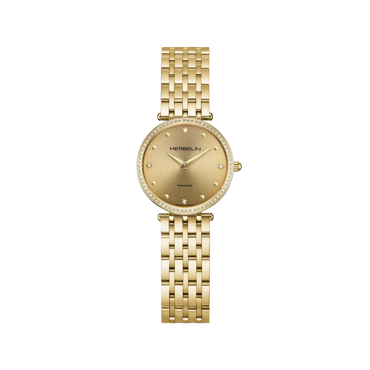 Epsilon, cadran champagne, boîtier acier PVD or jaune rond, bracelet acier PVD or jaune