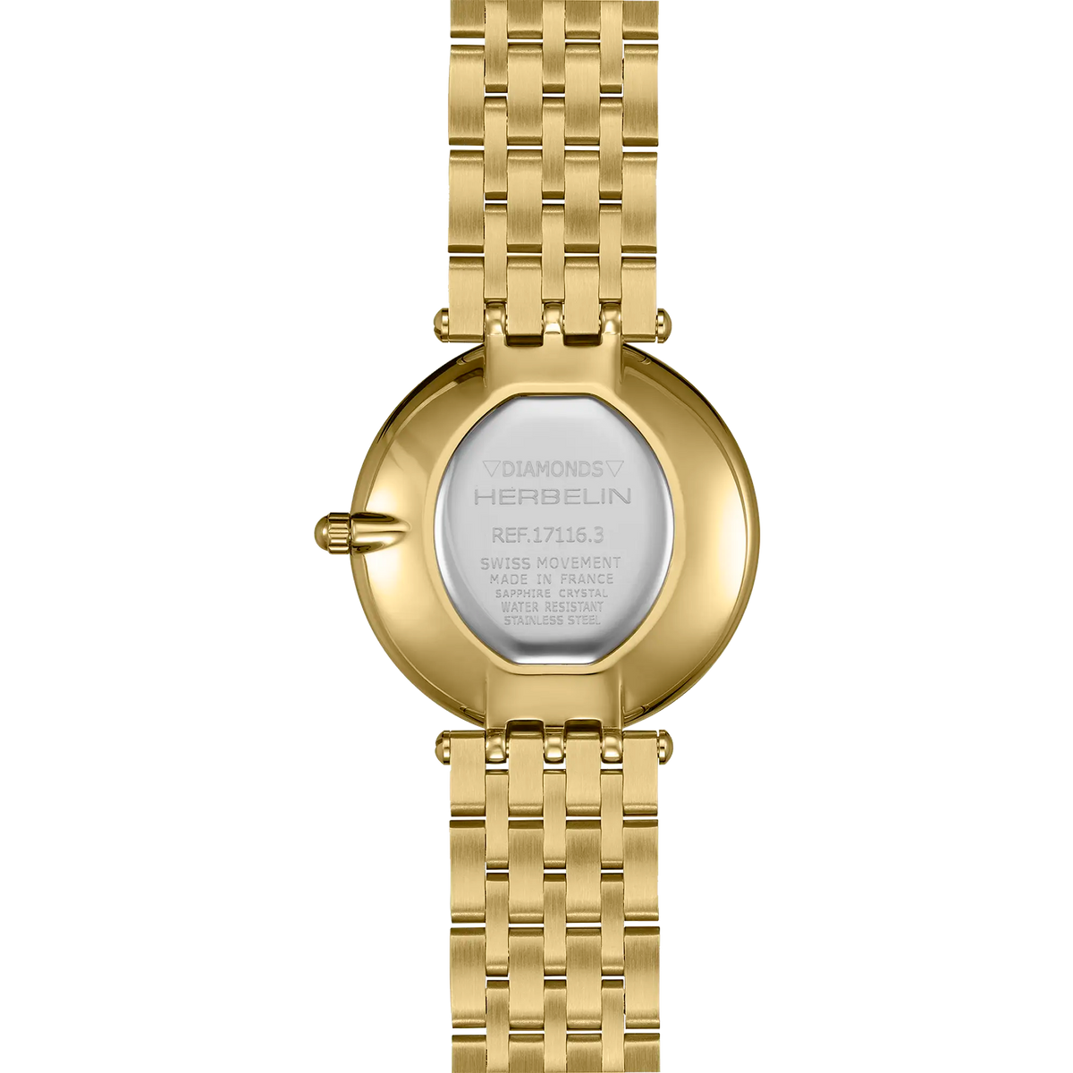 Dos de la Epsilon, fond acier PVD or jaune avec gravure du modèle