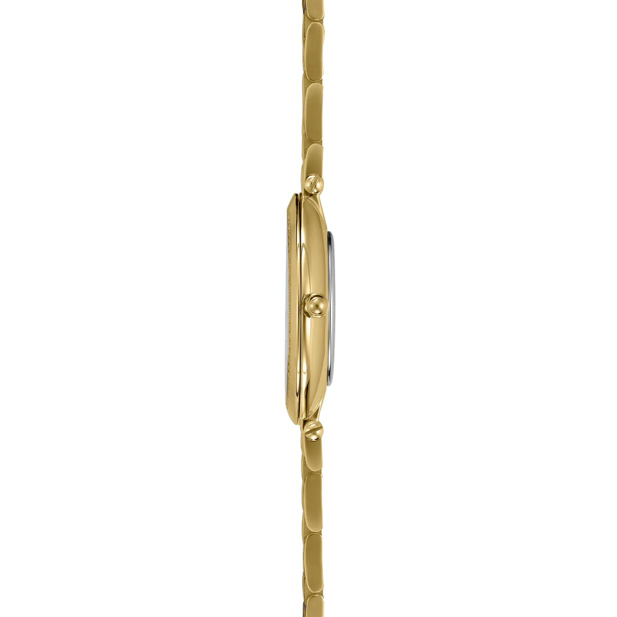 Vue de profil, tranche acier PVD or jaune, couronne et attaches du bracelet acier PVD or jaune