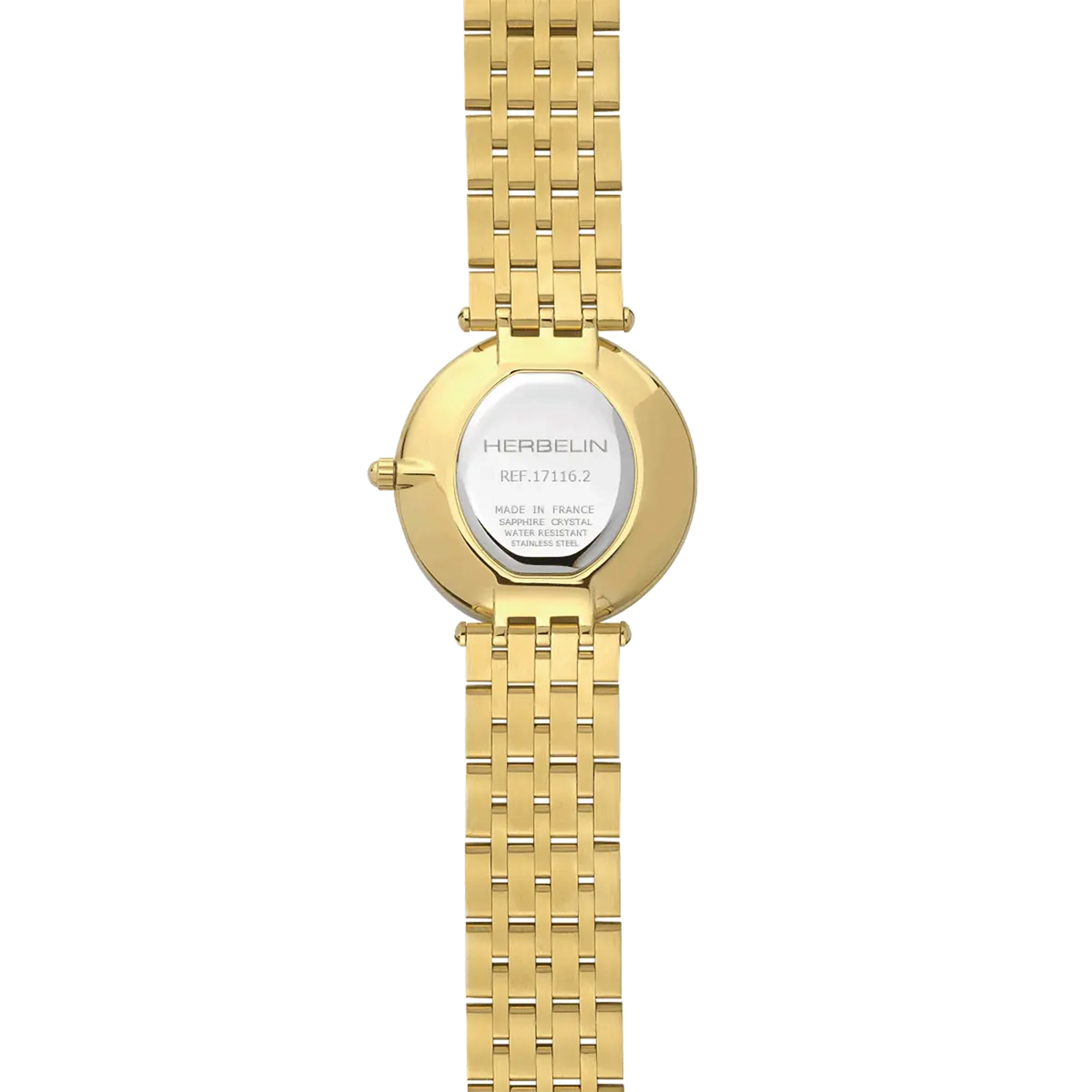 Dos de la Epsilon, fond acier PVD or jaune avec gravure du modèle