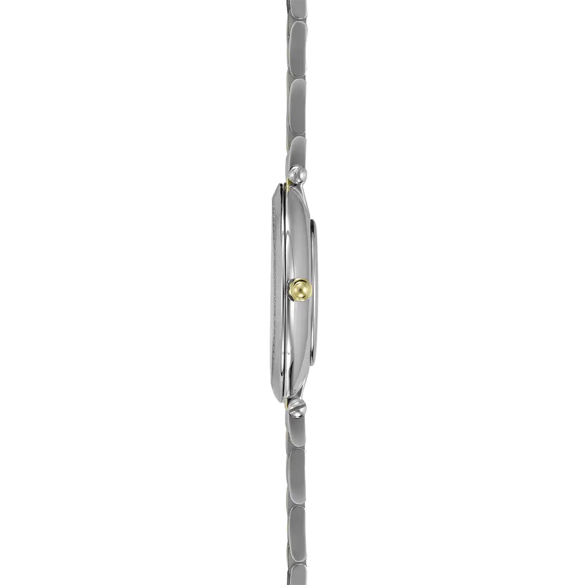 Vue de profil, tranche acier PVD or jaune, couronne et attaches du bracelet acier bicolore