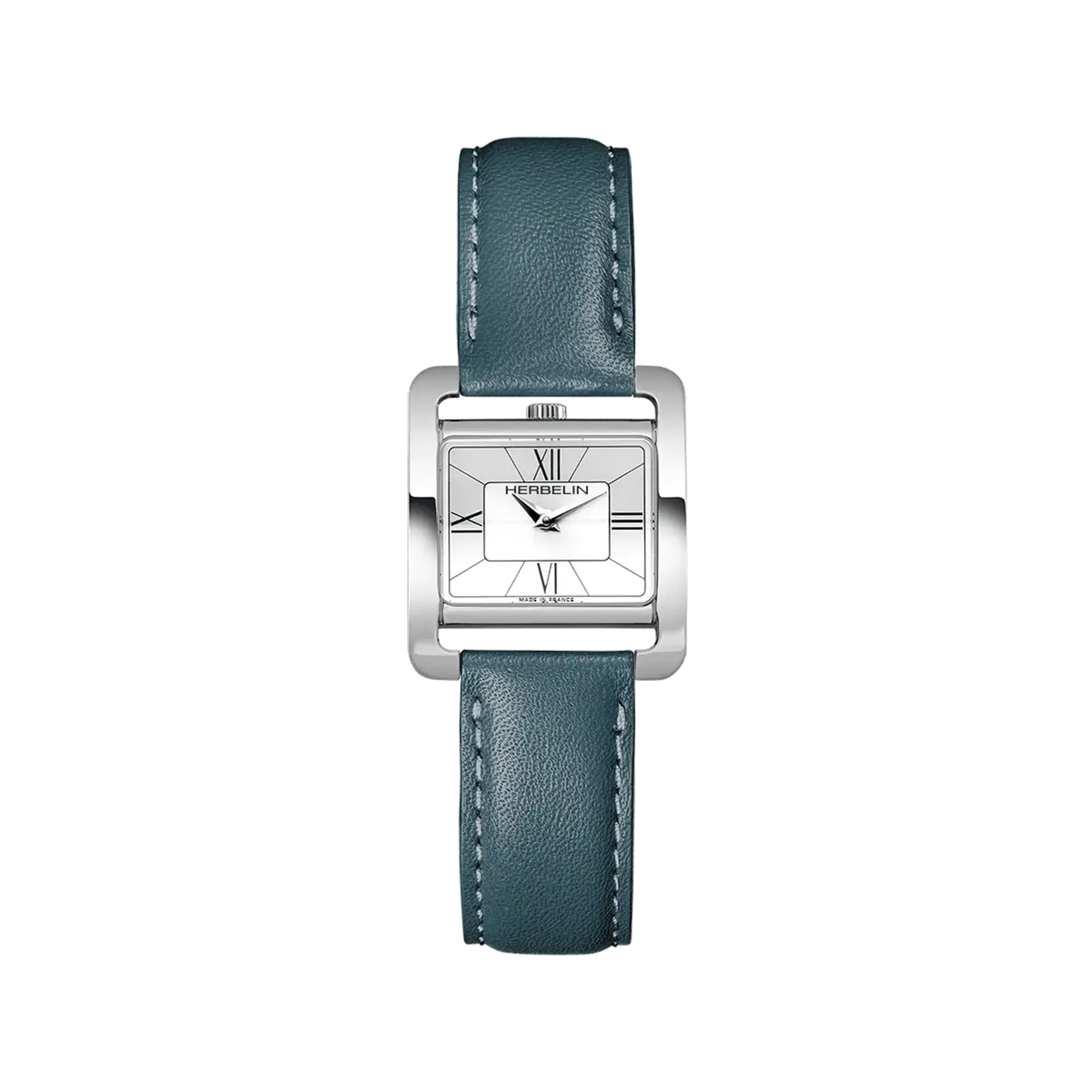Ve Avenue, cadran argent, boîtier rectangle acier, bracelet cuir