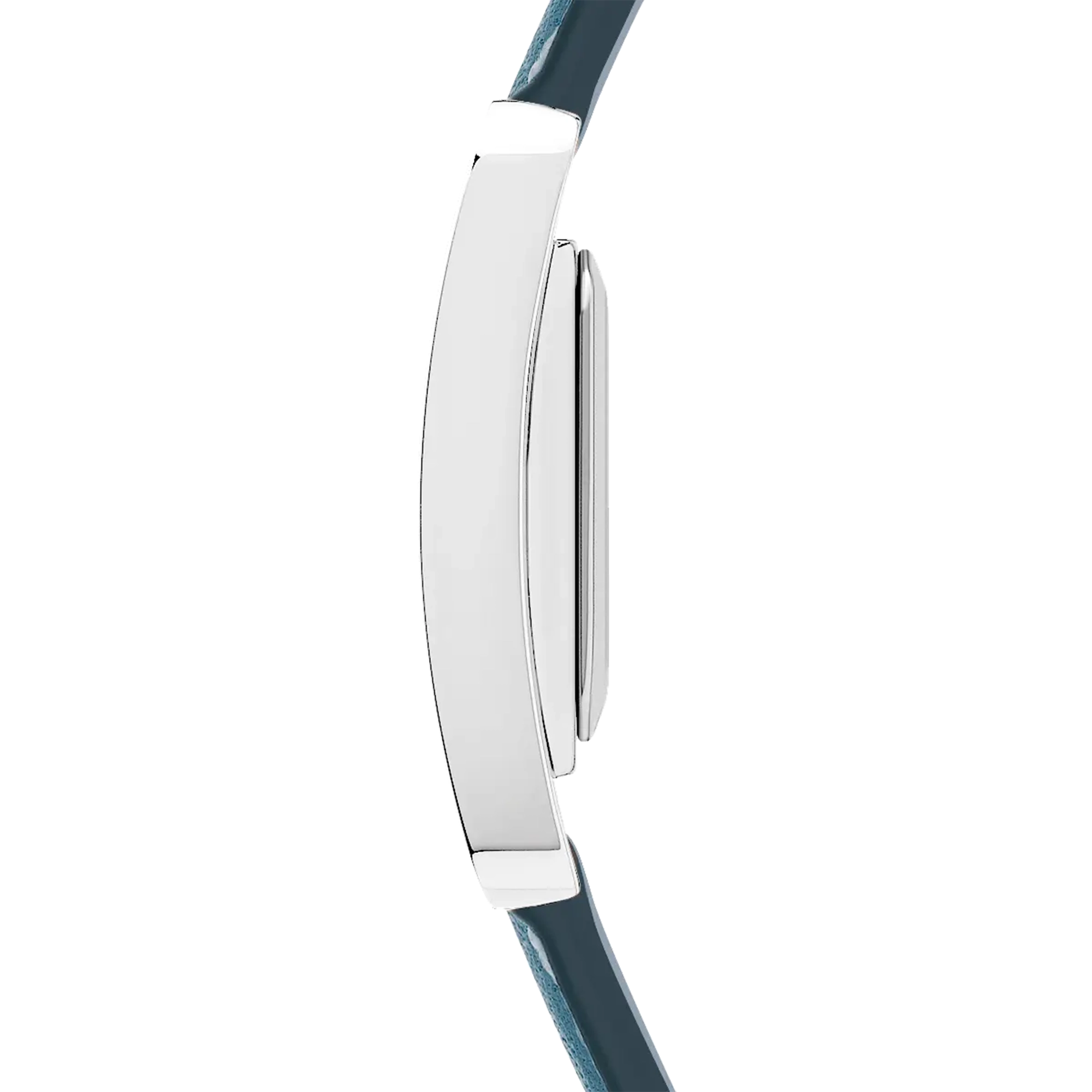 Vue de profil, tranche acier, couronne et attaches du bracelet cuir