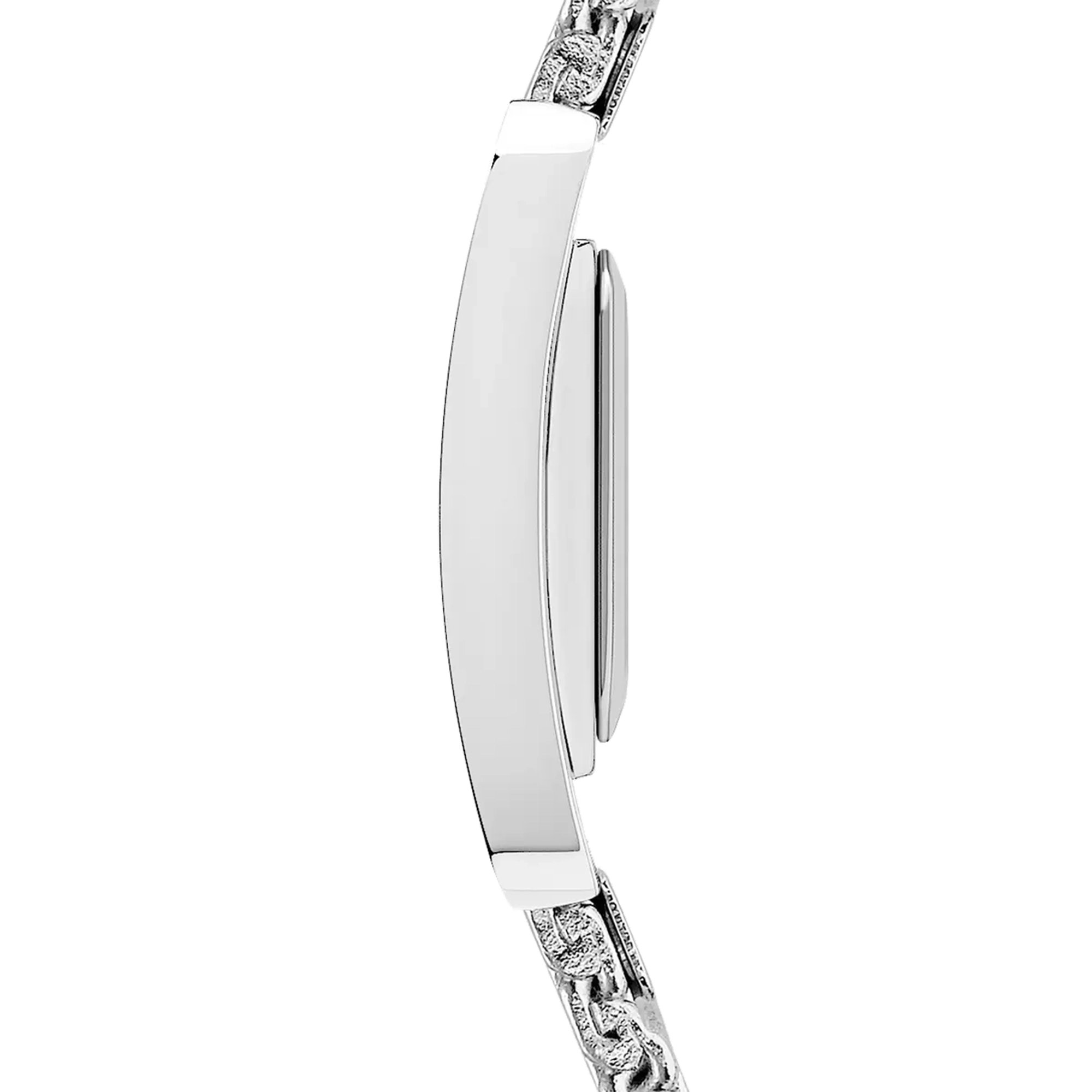 Vue de profil, tranche acier, couronne et attaches du bracelet acier