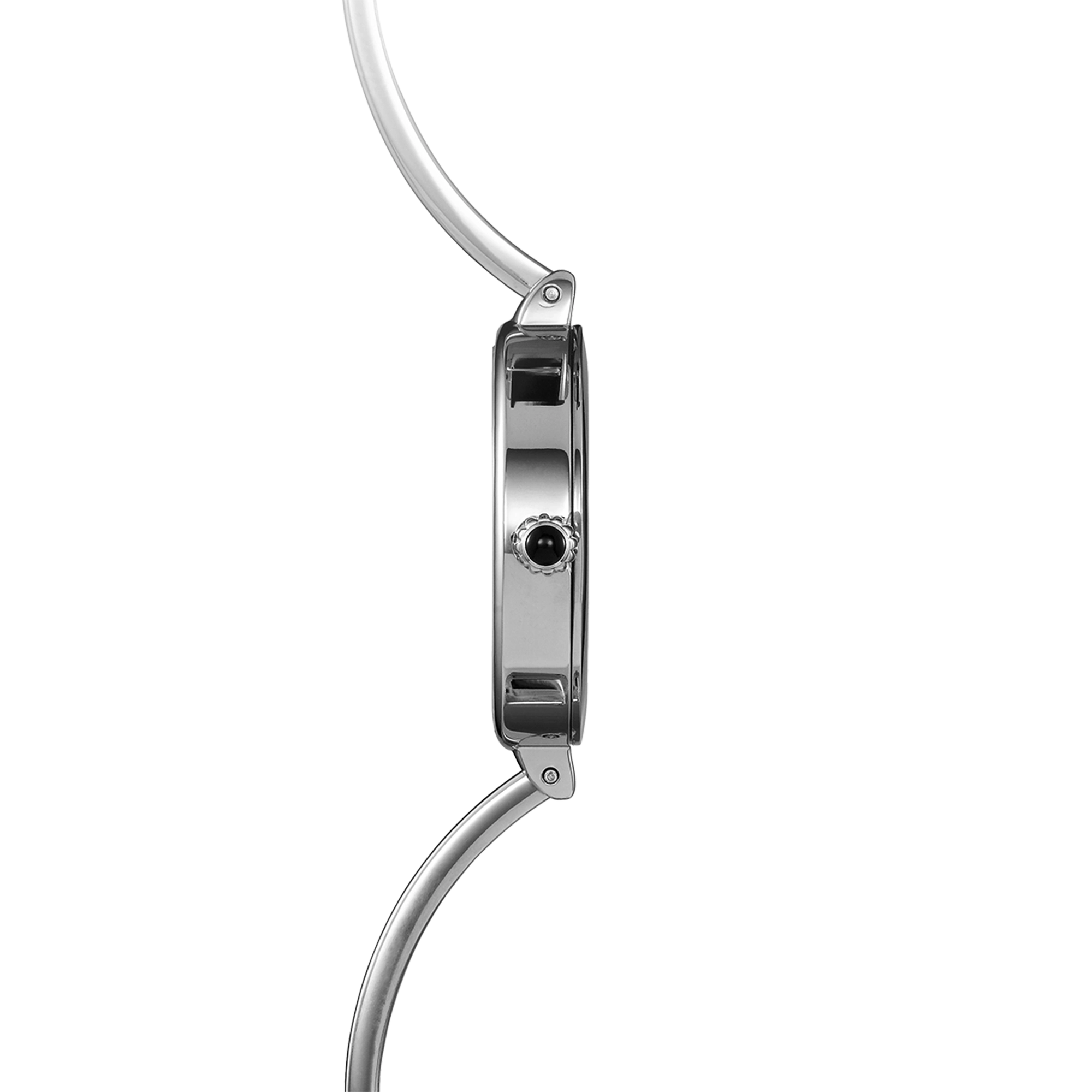 Vue de profil, tranche acier, couronne et attaches du bracelet acier