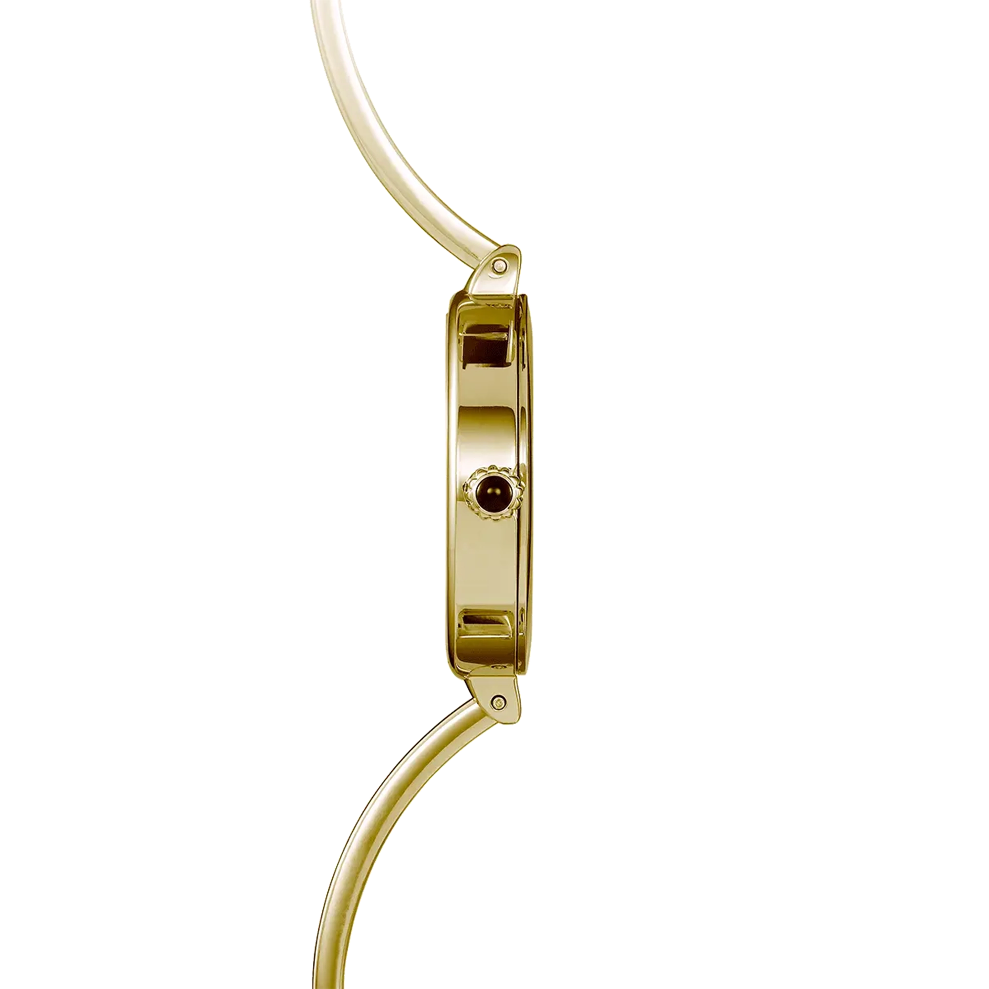 Vue de profil, tranche acier PVD or jaune, couronne et attaches du bracelet acier bicolore
