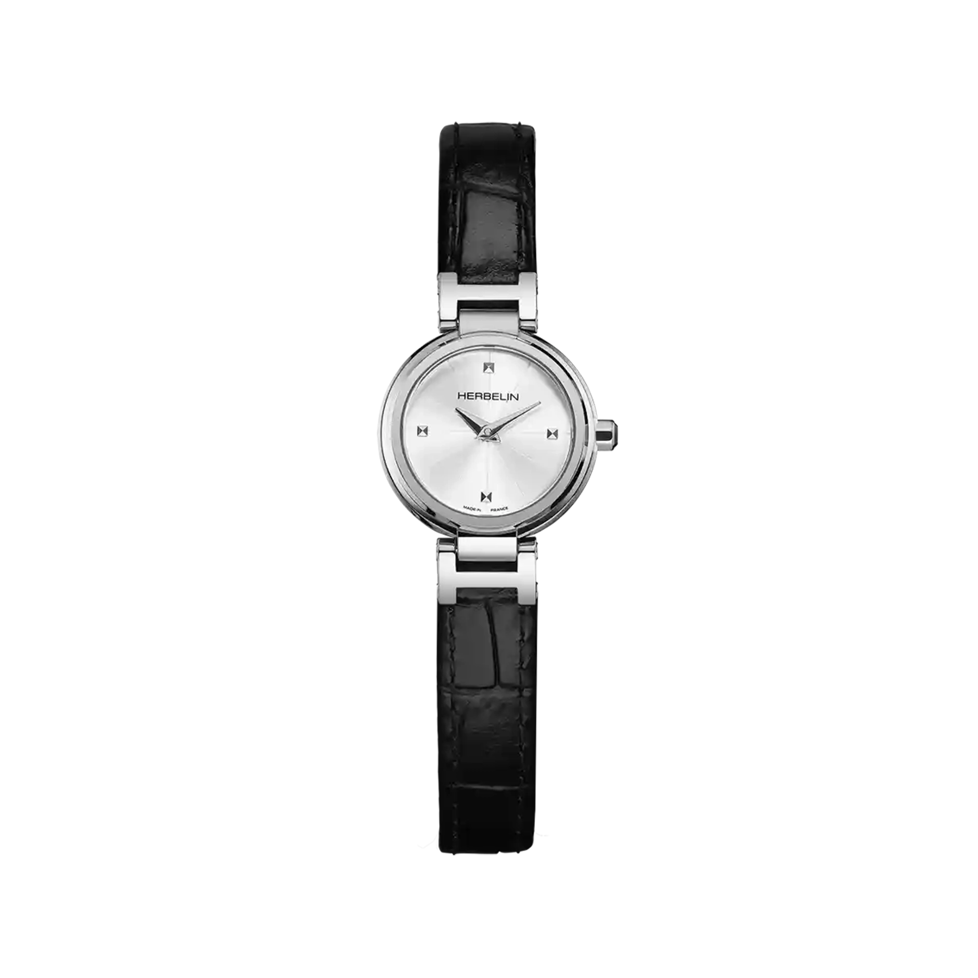 Lady H, cadran argent blanc, boîtier acier rond, bracelet cuir