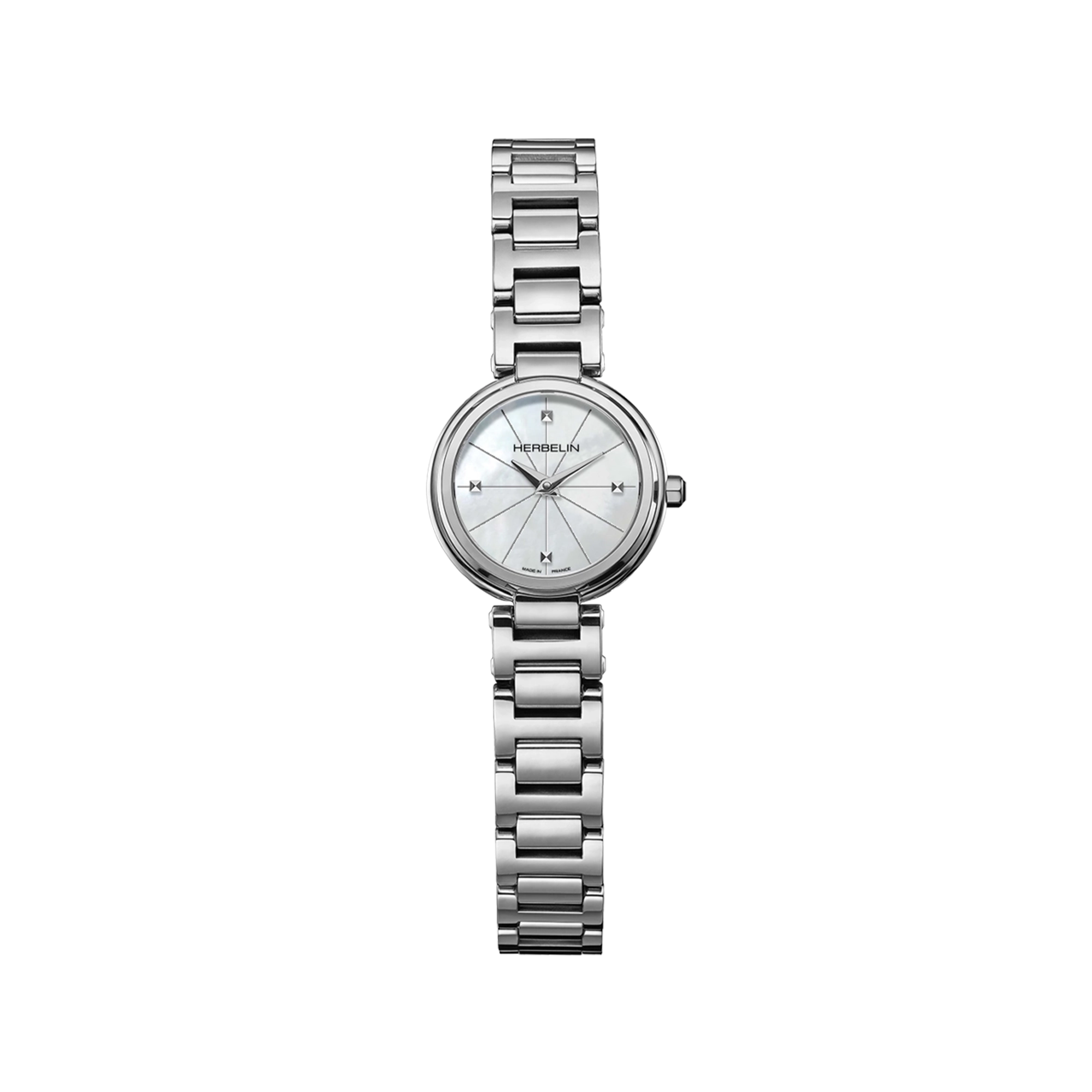 Lady H, cadran nacre blanche, boîtier acier rond, bracelet acier