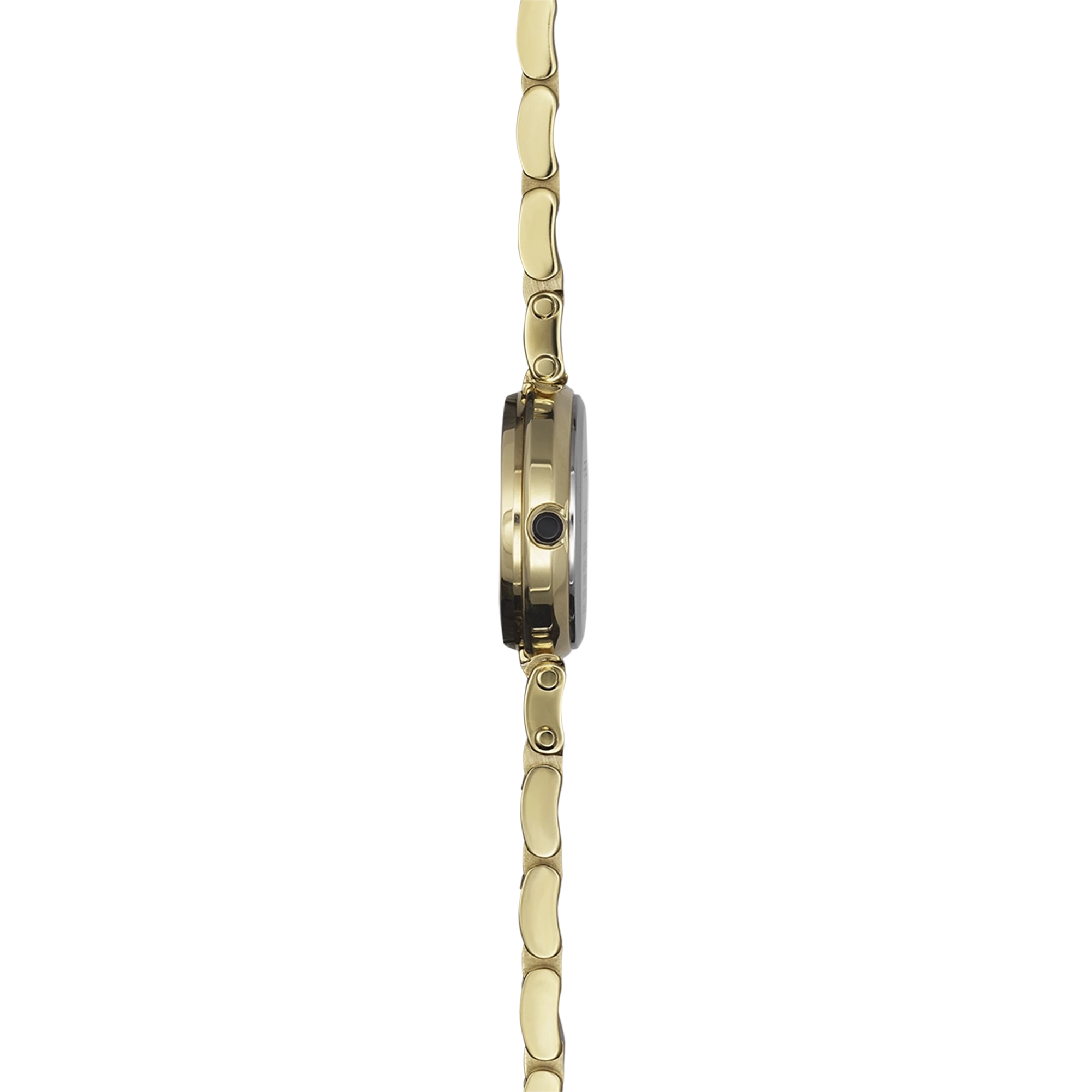 Vue de profil, tranche acier PVD or jaune, couronne et attaches du bracelet acier bicolore