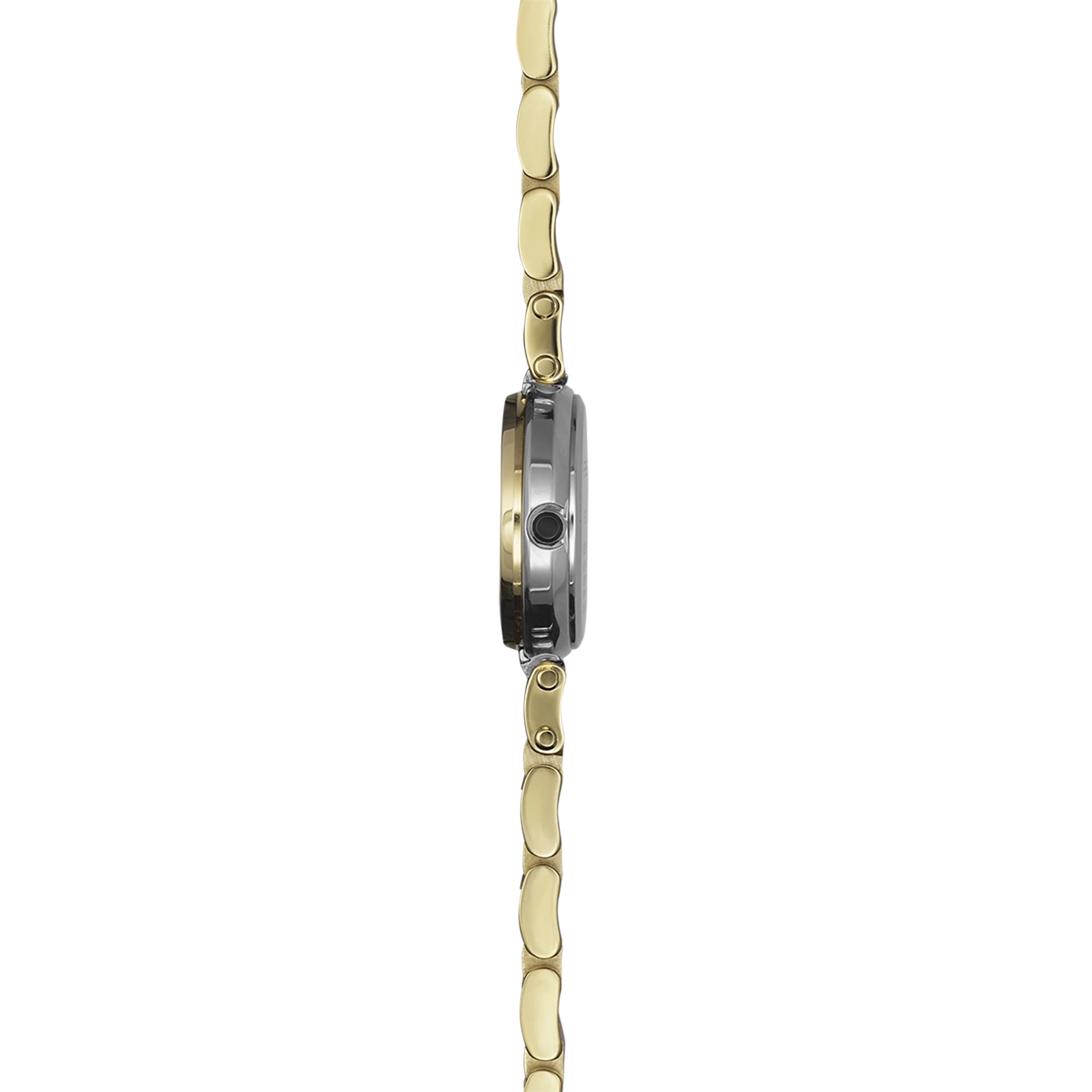 Vue de profil, tranche acier PVD or jaune, couronne et attaches du bracelet acier bicolore