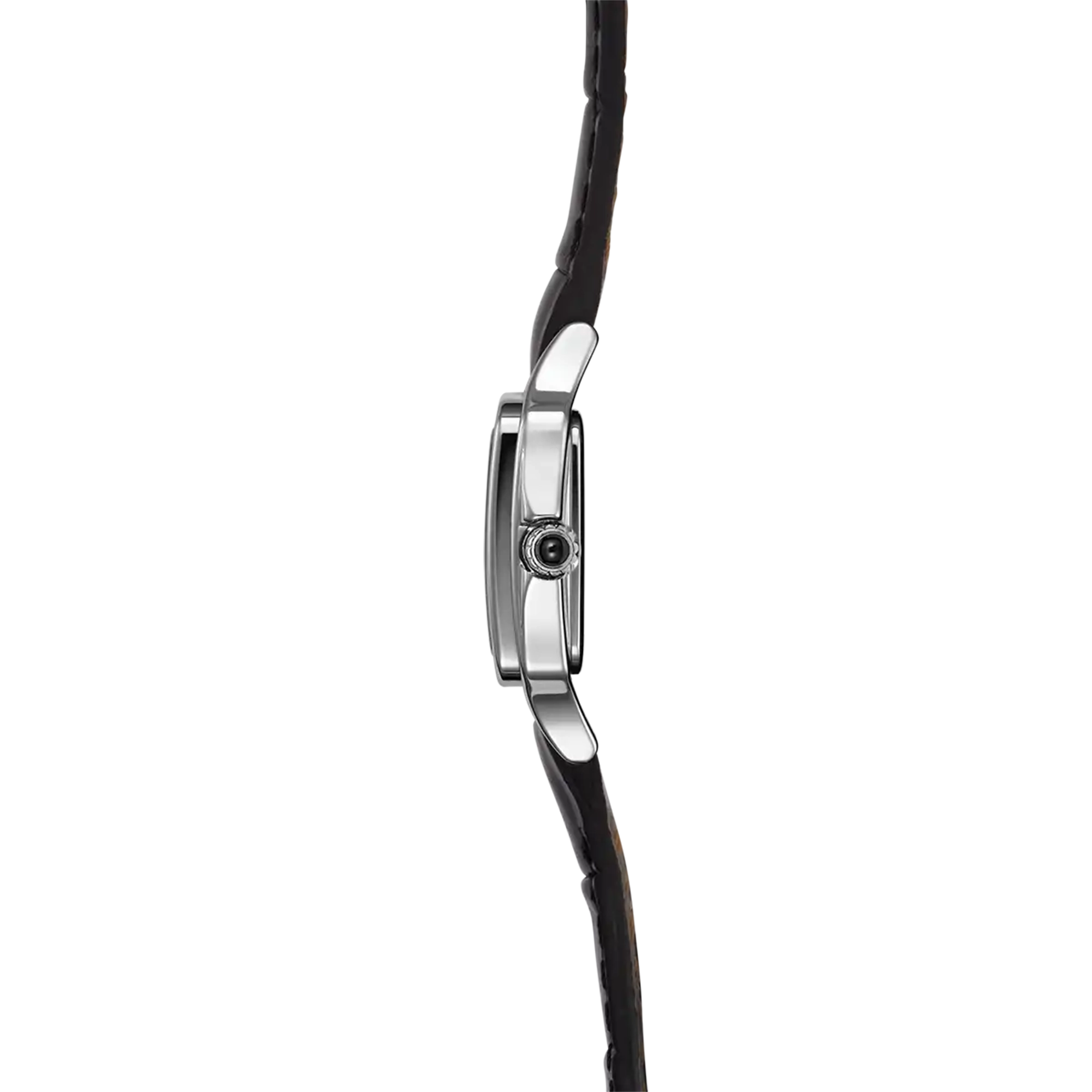 Vue de profil, tranche acier, couronne et attaches du bracelet