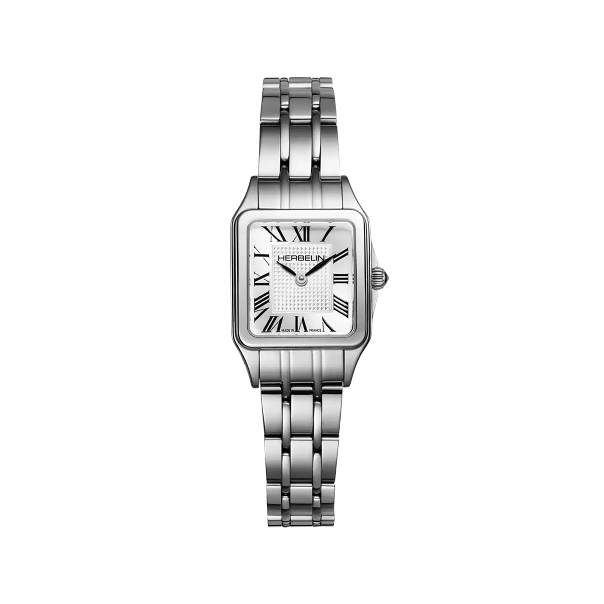 Luna mini, cadran argent guilloché, boîtier carré acier, bracelet acier