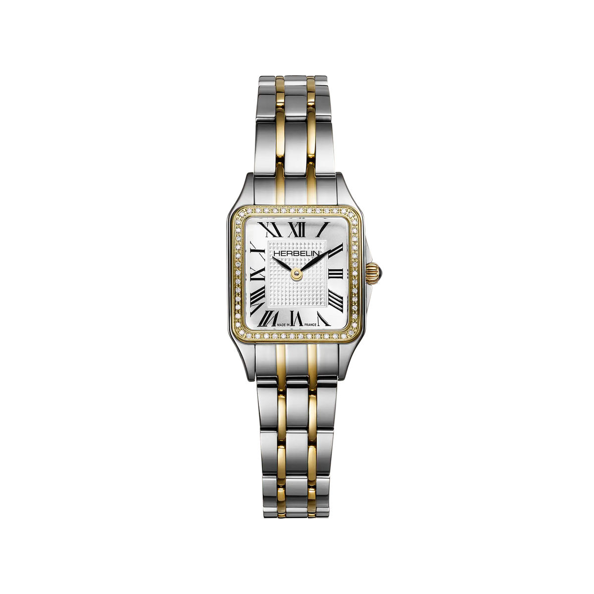 Luna mini, cadran argent blanc guilloché, boîtier acier PVD or jaune carré, bracelet acier bicolore