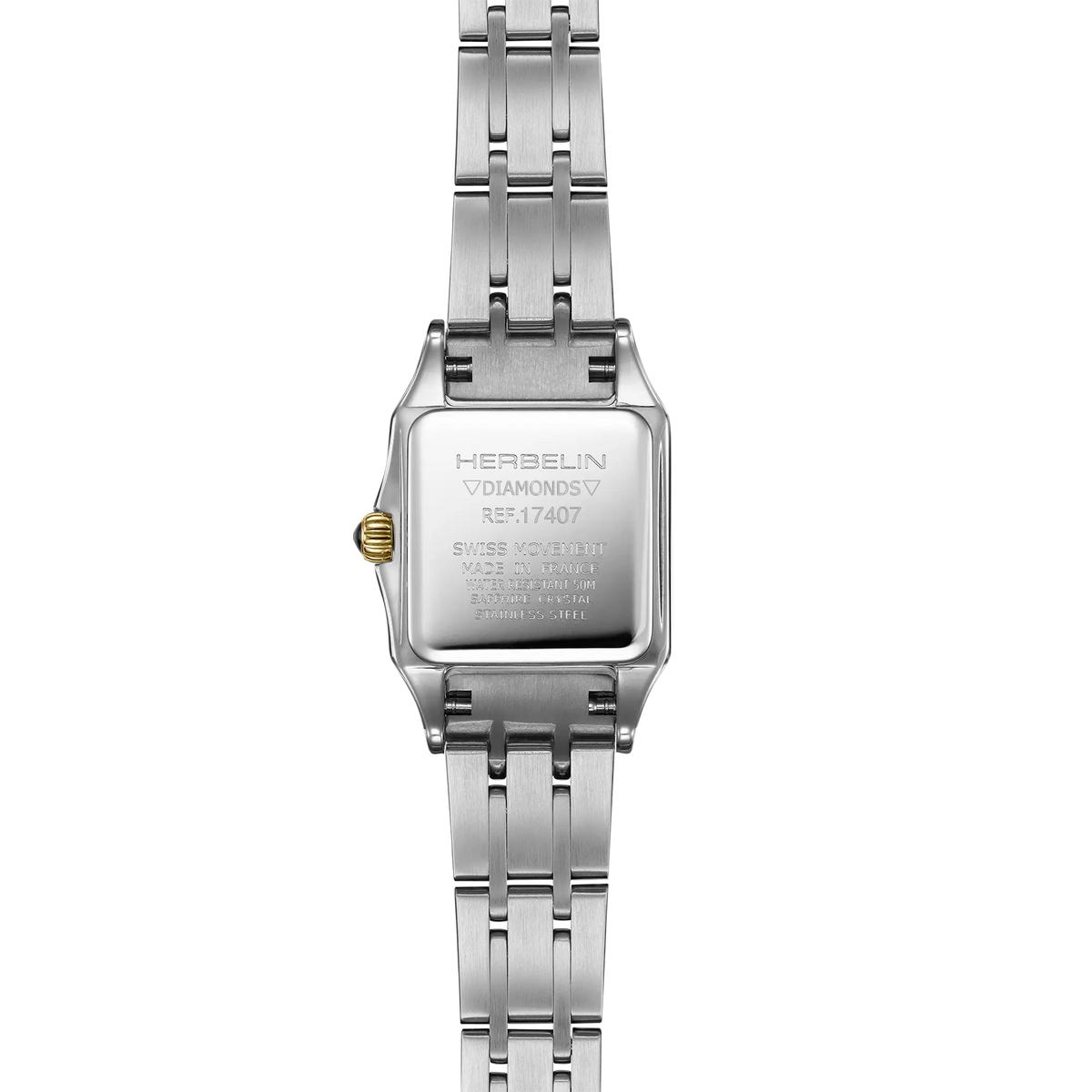 Dos de la Luna mini, fond acier PVD or jaune avec gravure du modèle