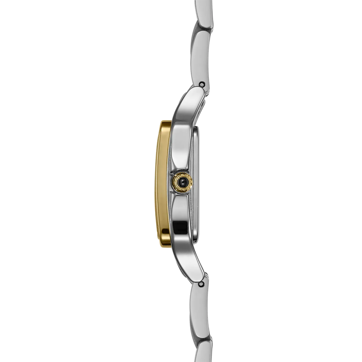 Vue de profil, tranche acier PVD or jaune, couronne et attaches du bracelet acier bicolore