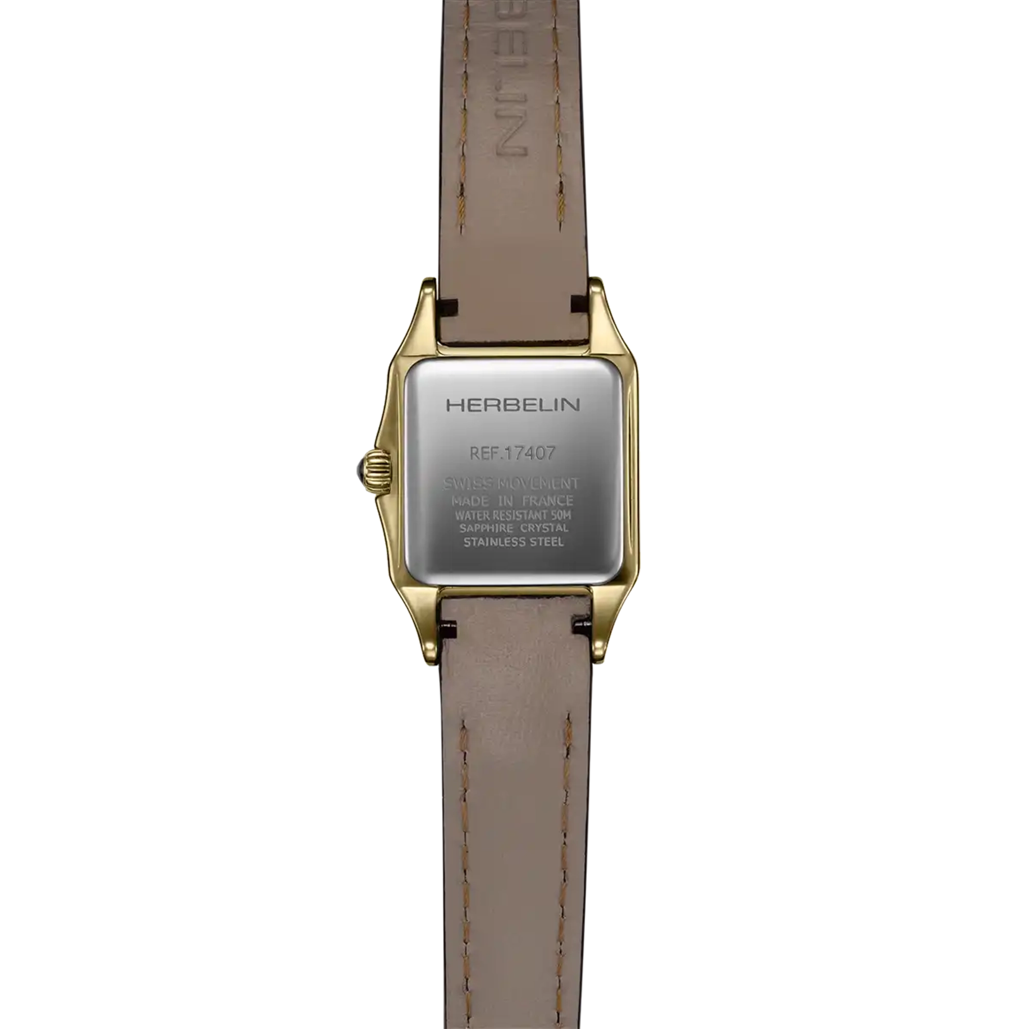 Dos de la Luna mini, fond acier PVD or jaune avec gravure du modèle