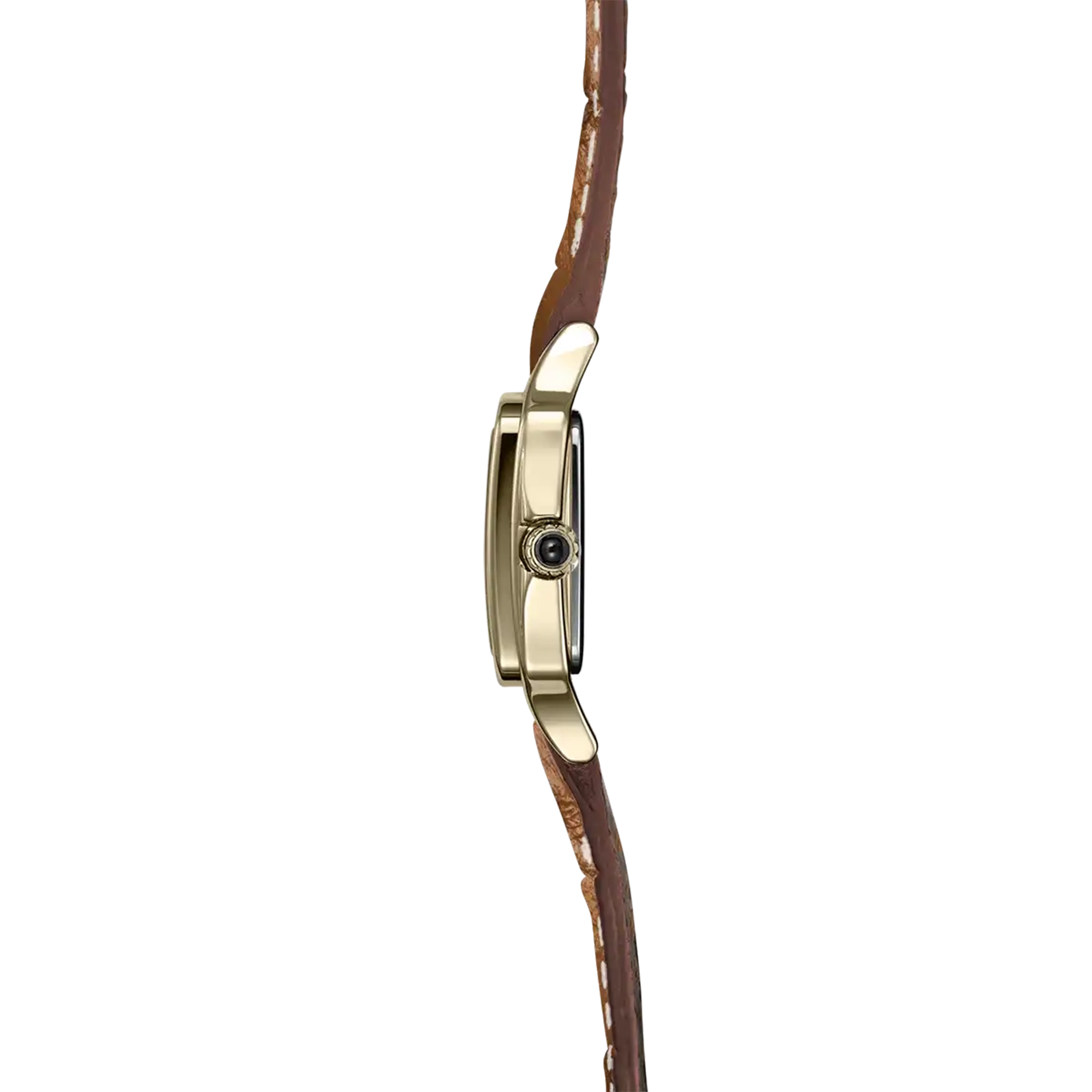 Vue de profil, tranche acier PVD or jaune, couronne et attaches du bracelet cuir