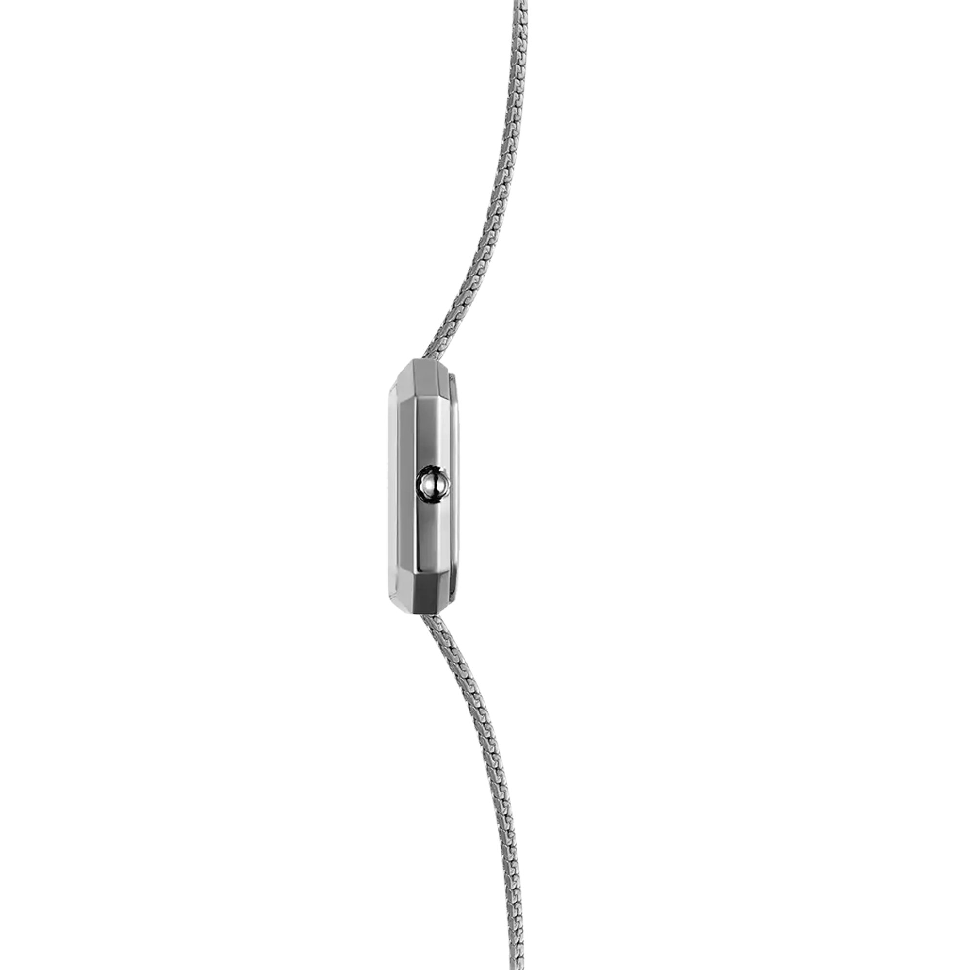Vue de profil, tranche acier, couronne et attaches du bracelet acier