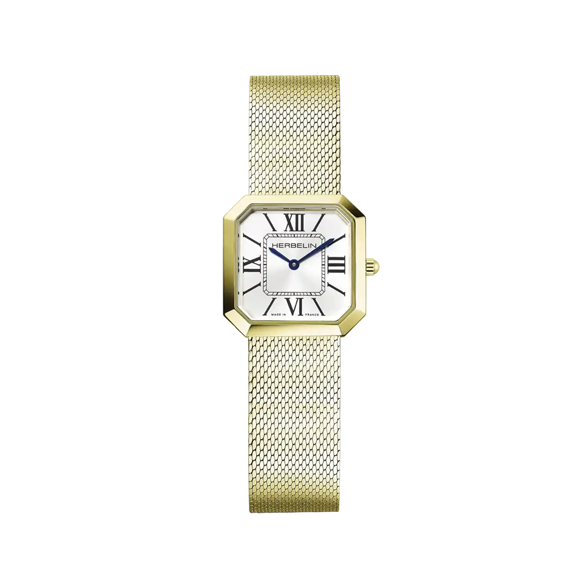Octogône, cadran argent blanc, boîtier carré acier PVD or jaune, bracelet acier bicolore