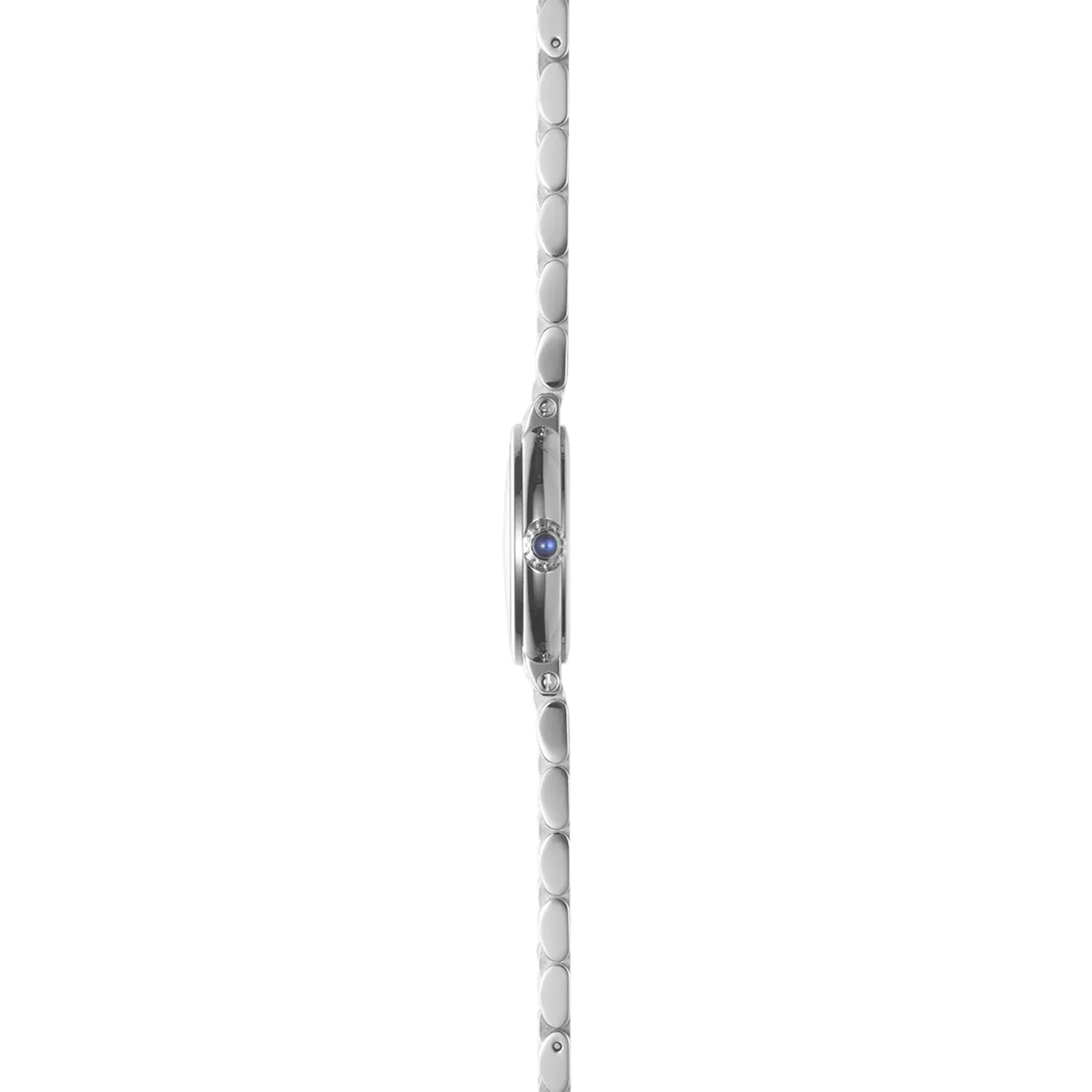 Vue de profil, tranche acier, couronne et attaches du bracelet acier