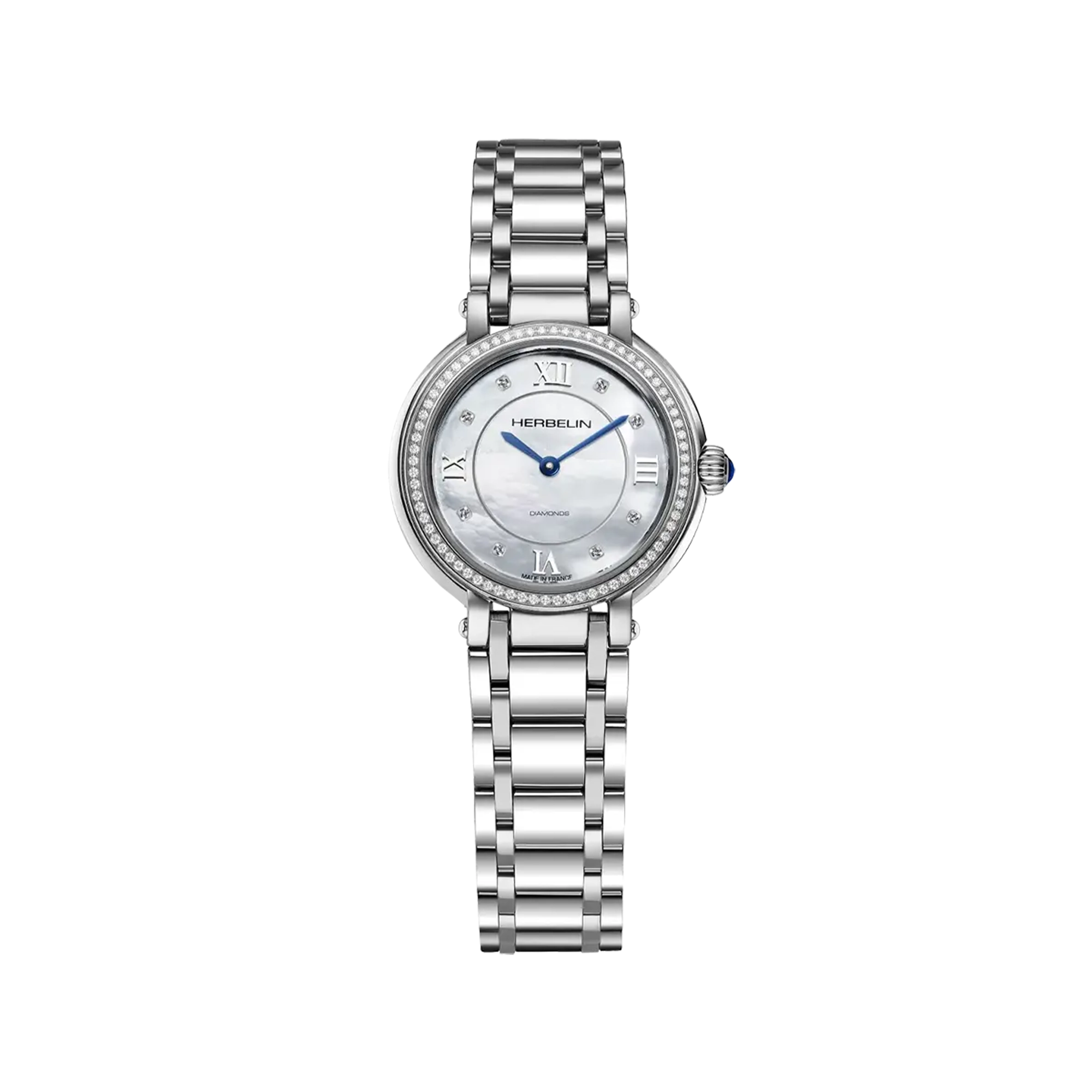 Galet, cadran nacre blanche, boîtier acier rond, bracelet acier