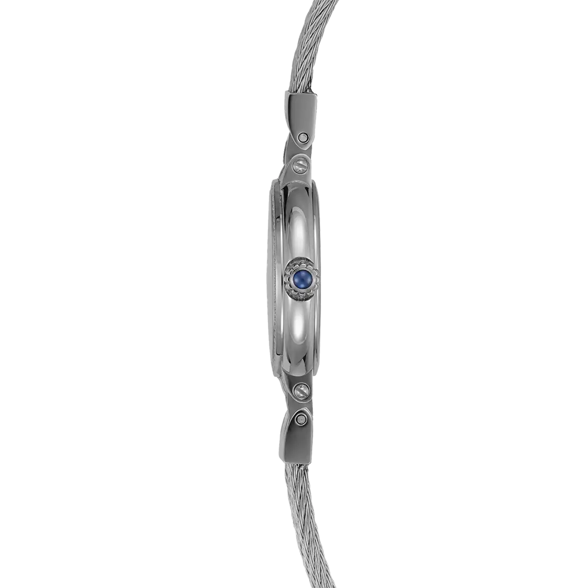 Vue de profil, tranche acier, couronne et attaches du bracelet acier