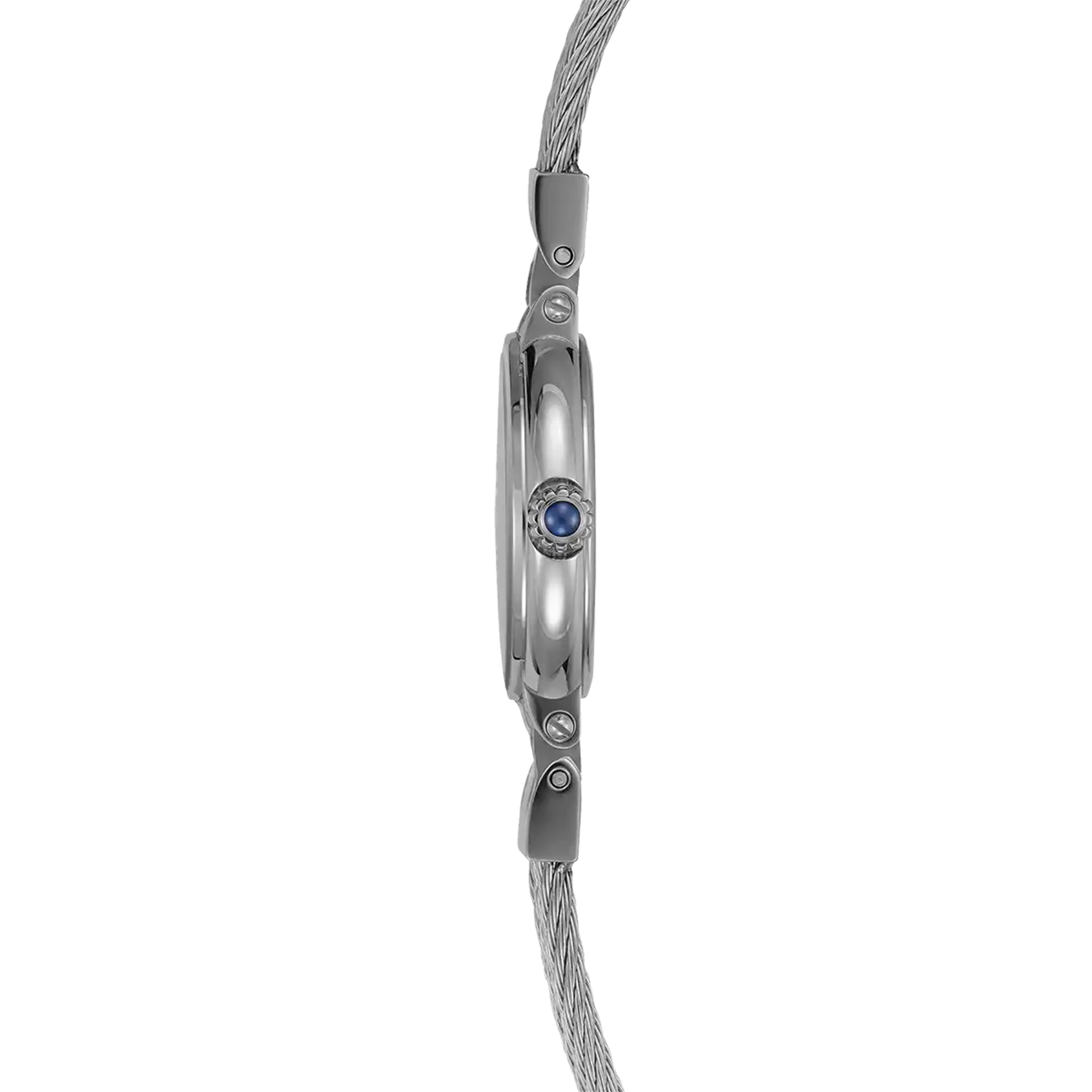 Vue de profil, tranche acier, couronne et attaches du bracelet acier