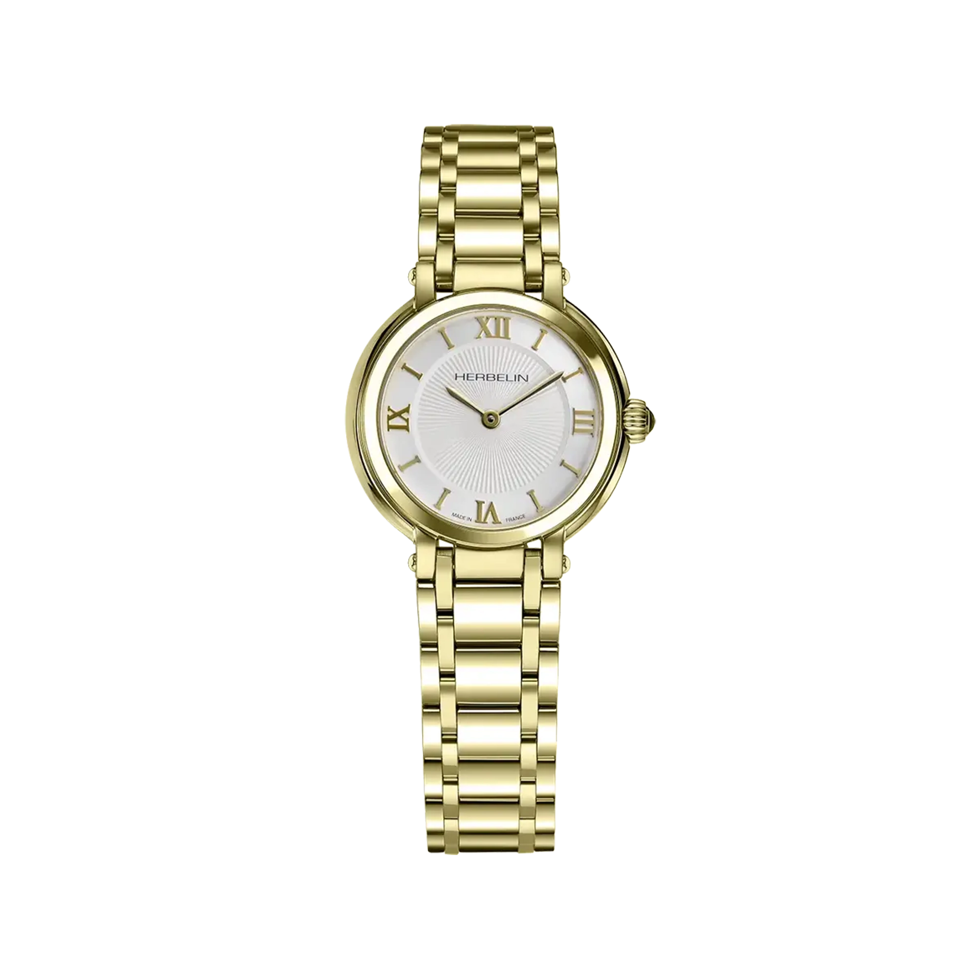 Galet, cadran argent guilloché, boîtier acier PVD or jaune rond, bracelet acier bicolore