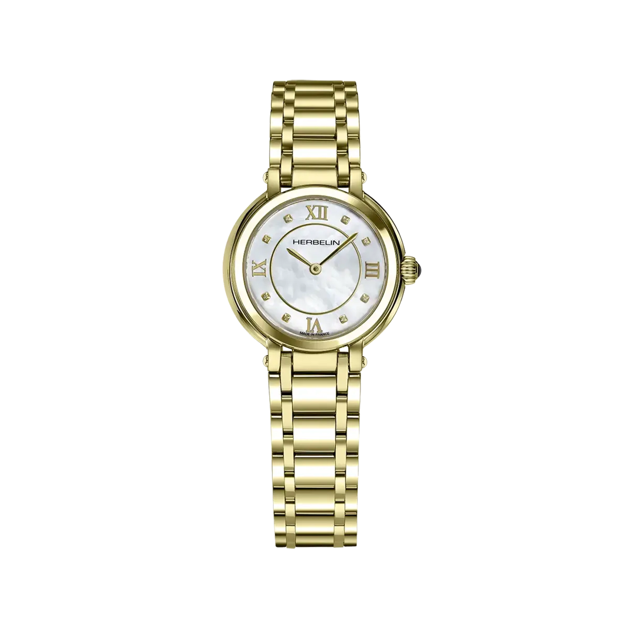 Galet, cadran nacre blanche, boîtier acier PVD or jaune rond, bracelet acier bicolore