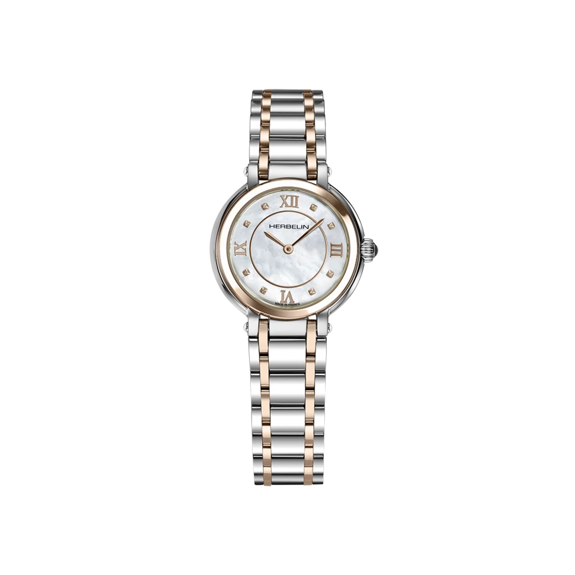 Galet, cadran nacre blanche, boîtier acier PVD or rose rond, bracelet acier PVD or rose