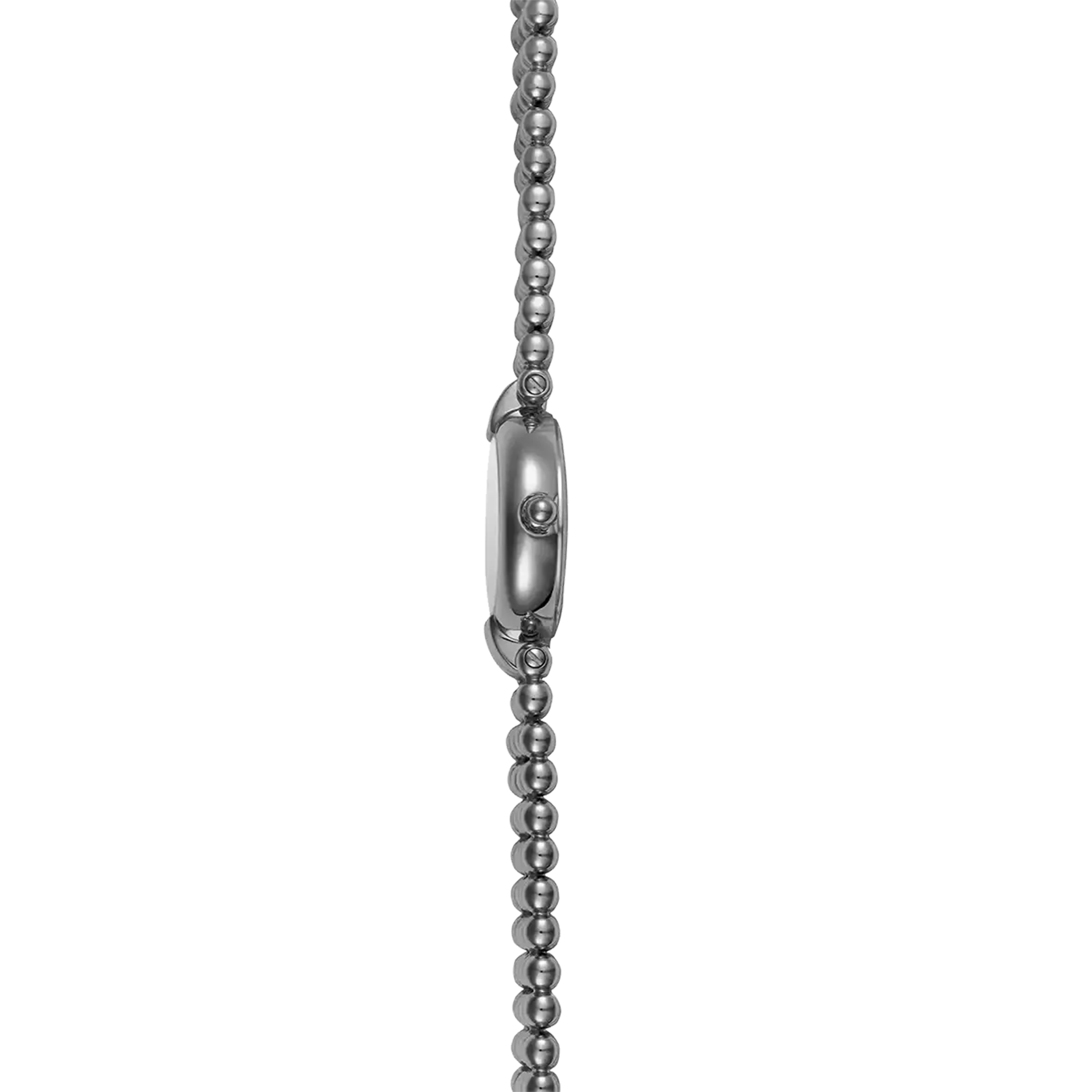 Vue de profil, tranche acier PVD or jaune, couronne et attaches du bracelet acier bicolore