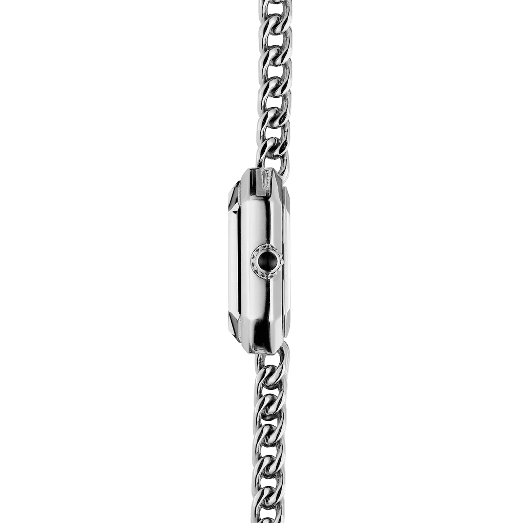 Vue de profil, tranche acier, couronne et attaches du bracelet acier