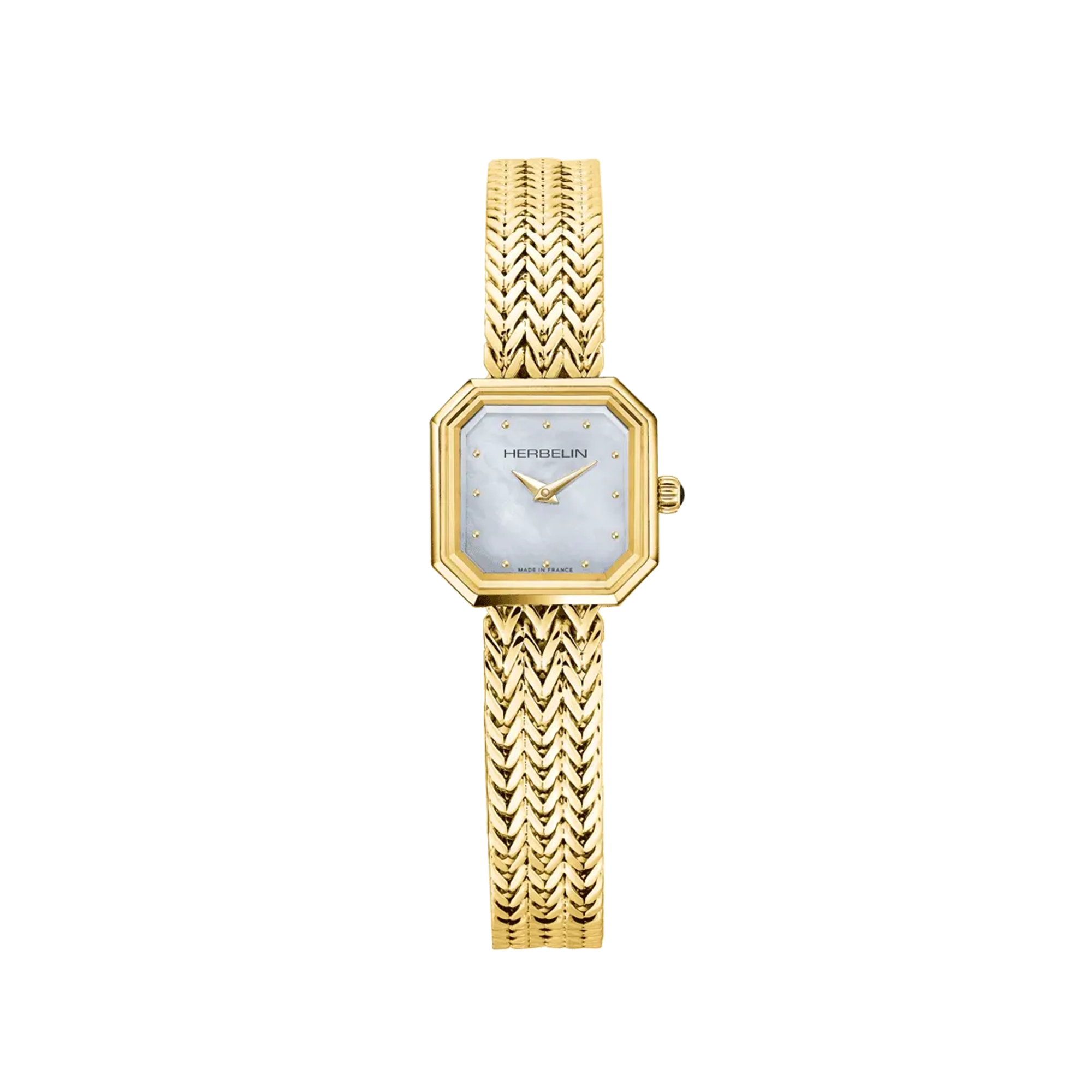 Octogône, cadran nacre blanche, boîtier carré acier PVD or jaune, bracelet acier bicolore