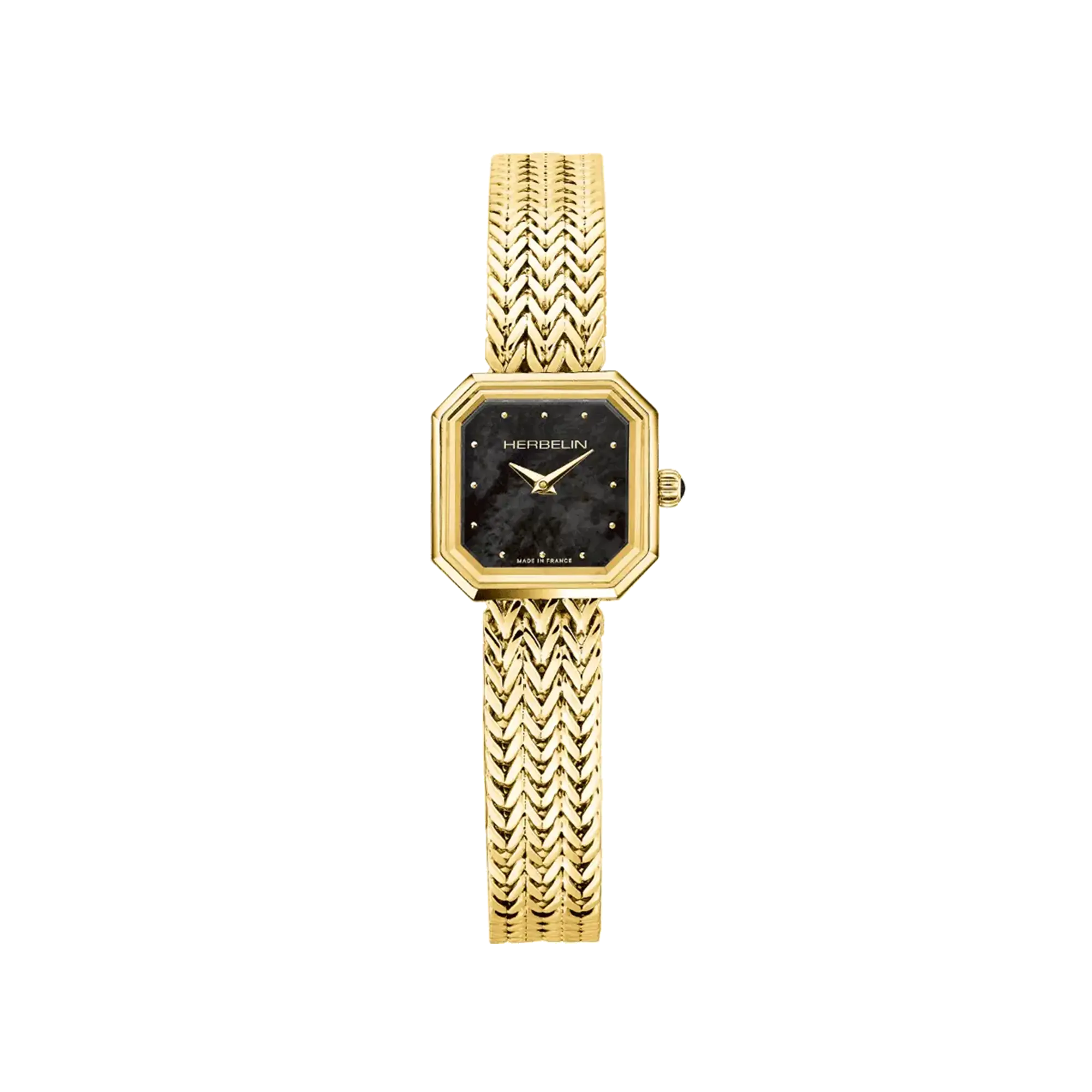 Octogône, cadran nacre noire, boîtier carré acier PVD or jaune, bracelet acier bicolore
