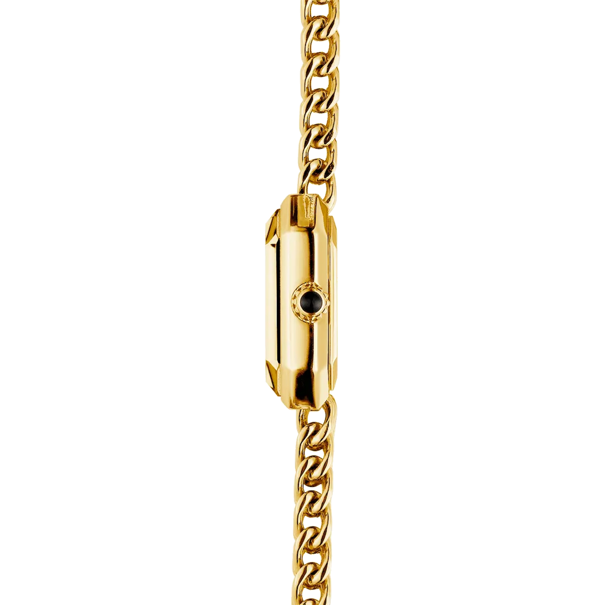 Vue de profil, tranche acier PVD or jaune, couronne et attaches du bracelet acier bicolore